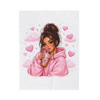 Velveteen Plush Blanket — Cozy Pink Hoodie Girl with Coffee Illustration