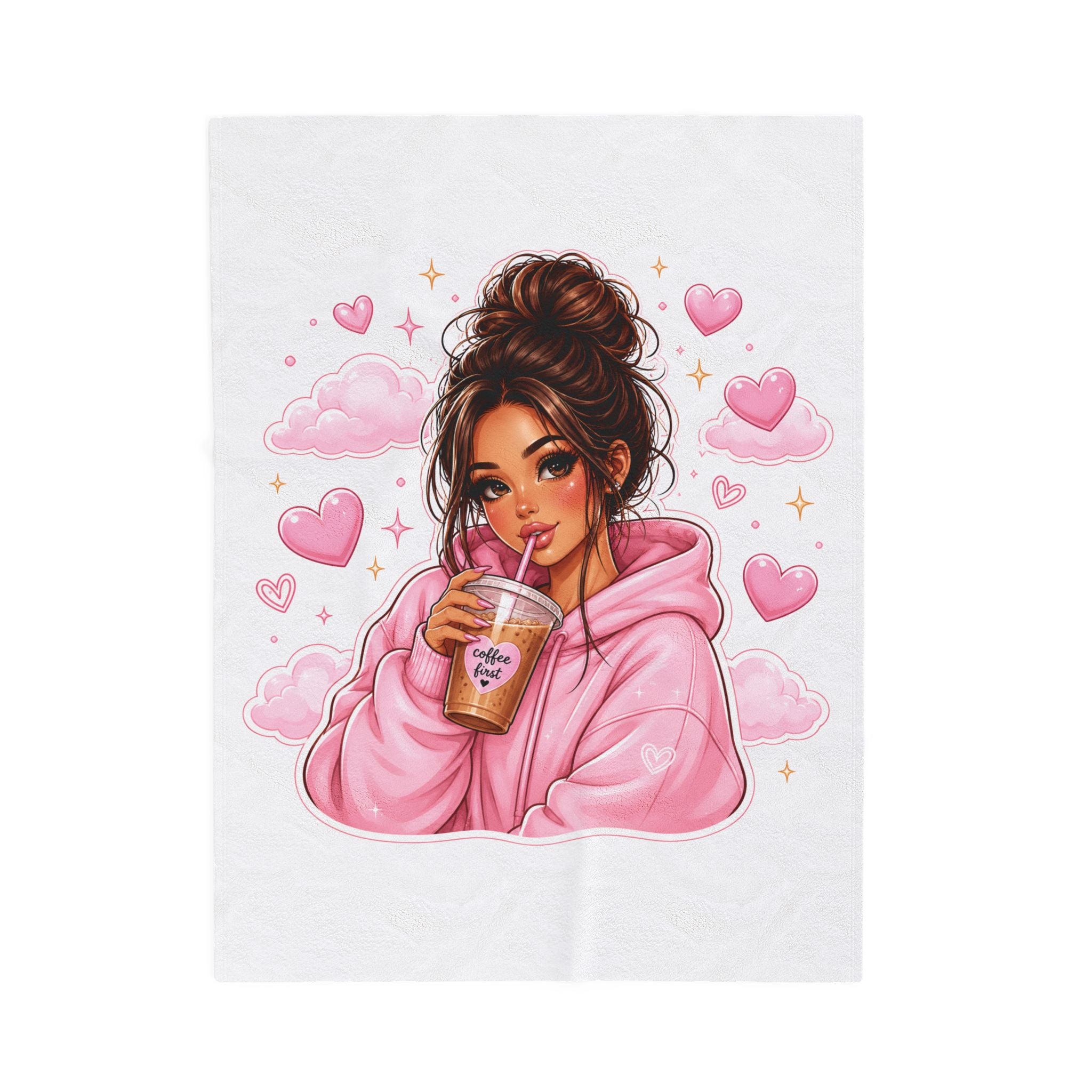 Velveteen Plush Blanket — Cozy Pink Hoodie Girl with Coffee Illustration