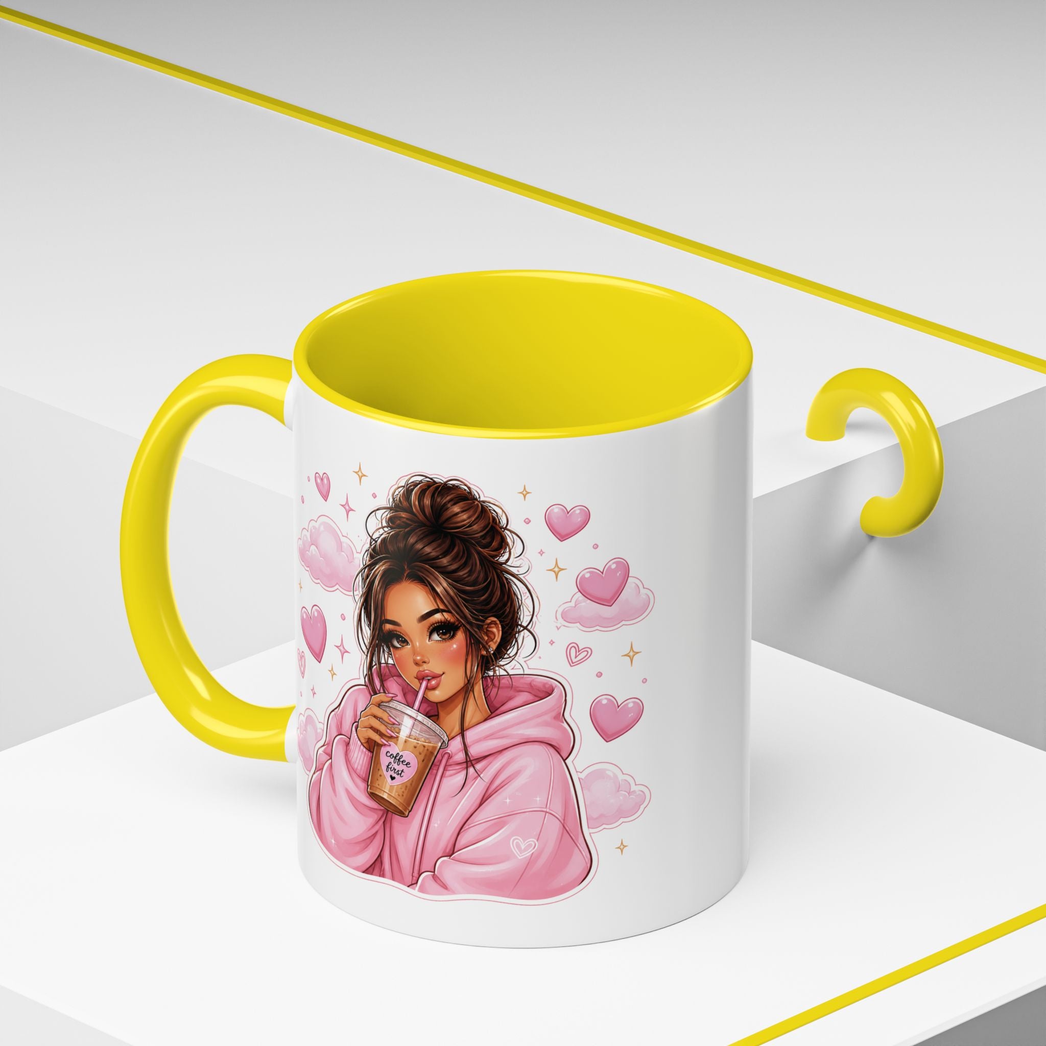 Cute Girl Pink Hoodie Coffee Mug — Iced Coffee Aesthetic Accent Mug (11/15oz)