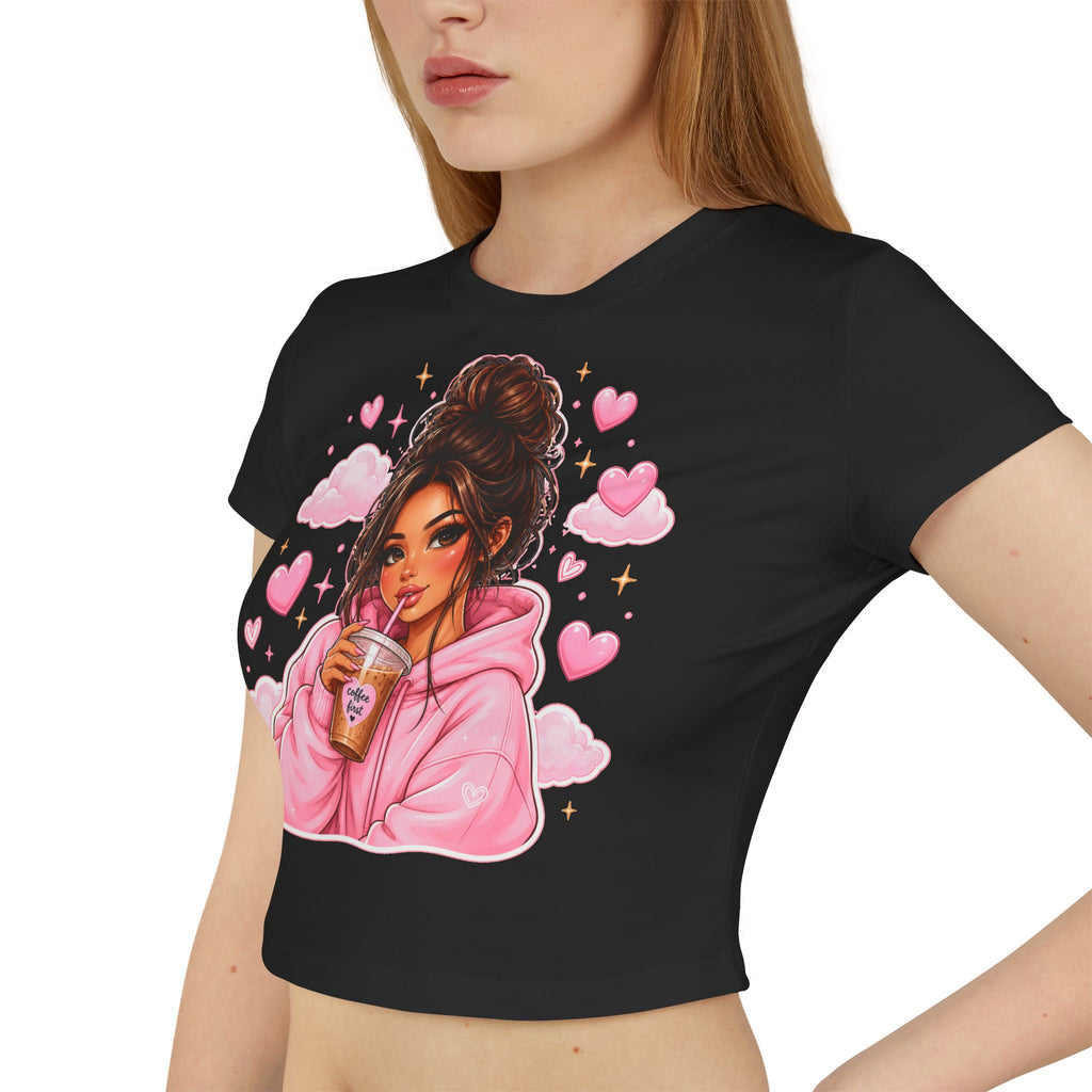Baby Tee — Cute Girl Drinking Coffee Illustration, Pink Hearts Cozy Aesthetic Top