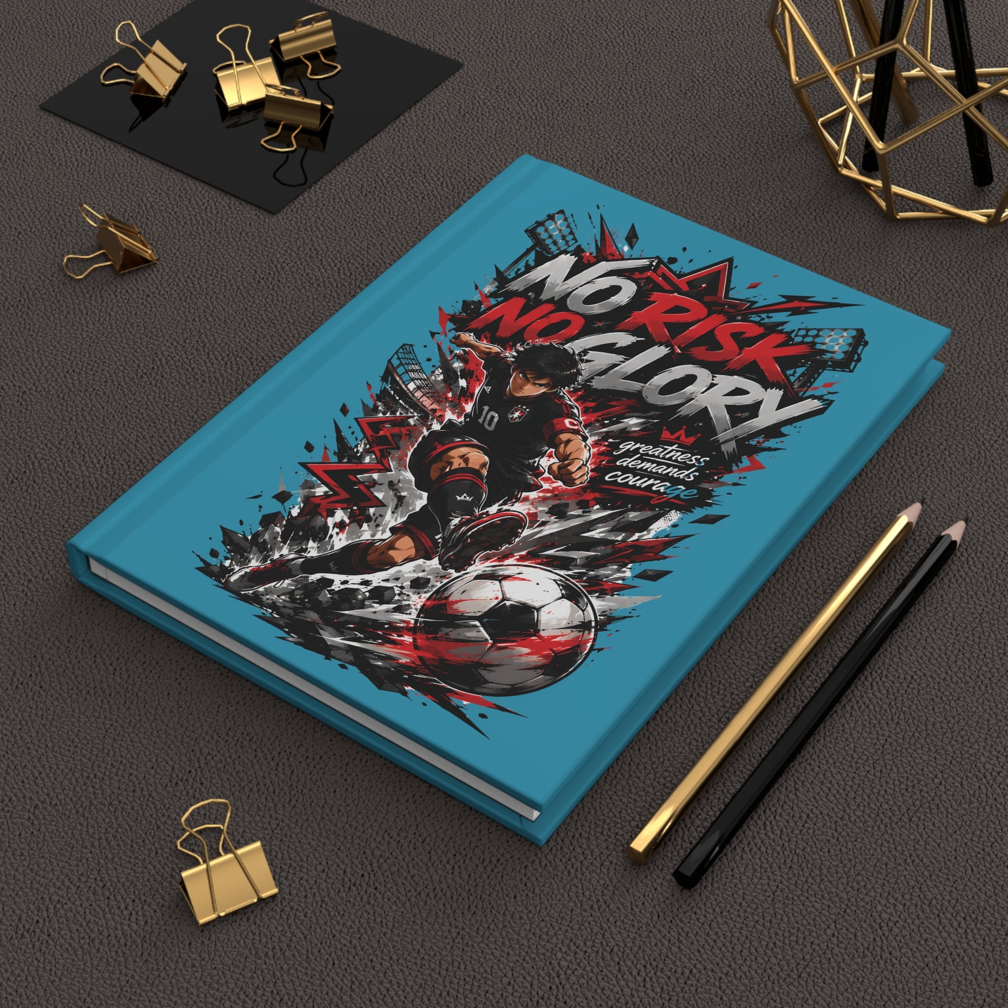 No Risk No Glory Soccer Journal — Personalized Hardcover Notebook (Add Name & Number)