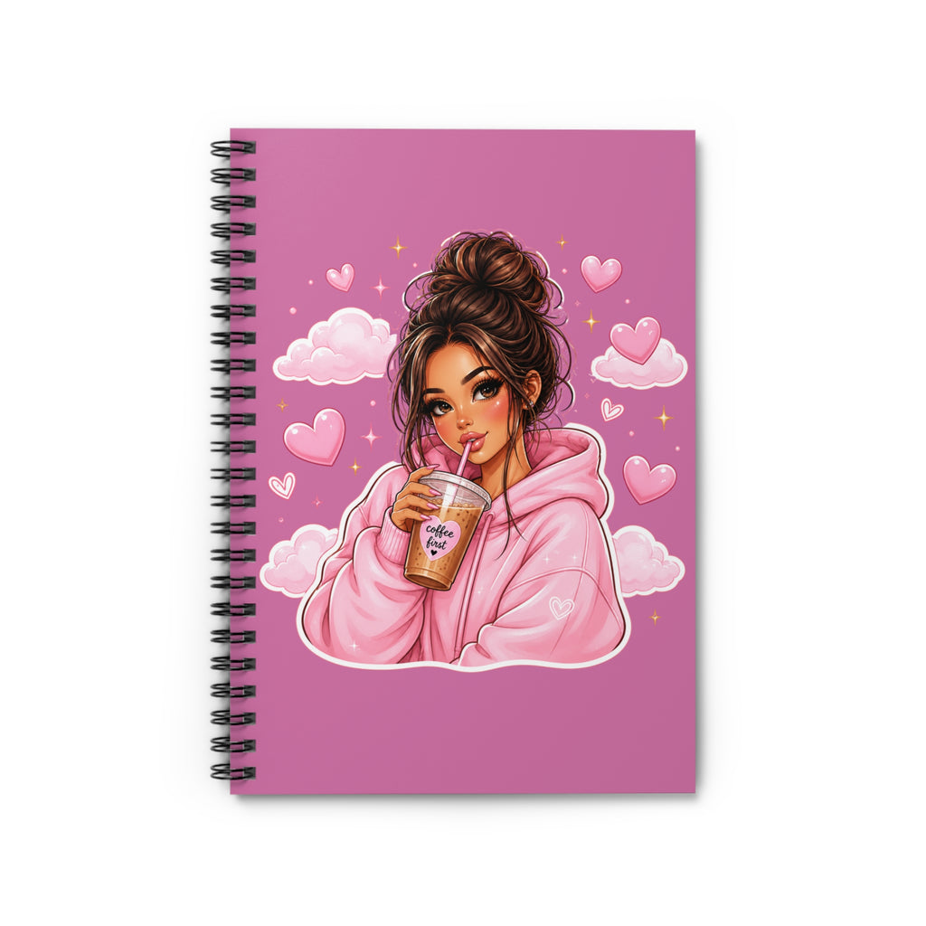 Pink Cozy Girl Spiral Notebook — Cute Coffee Aesthetic Ruled Journal
