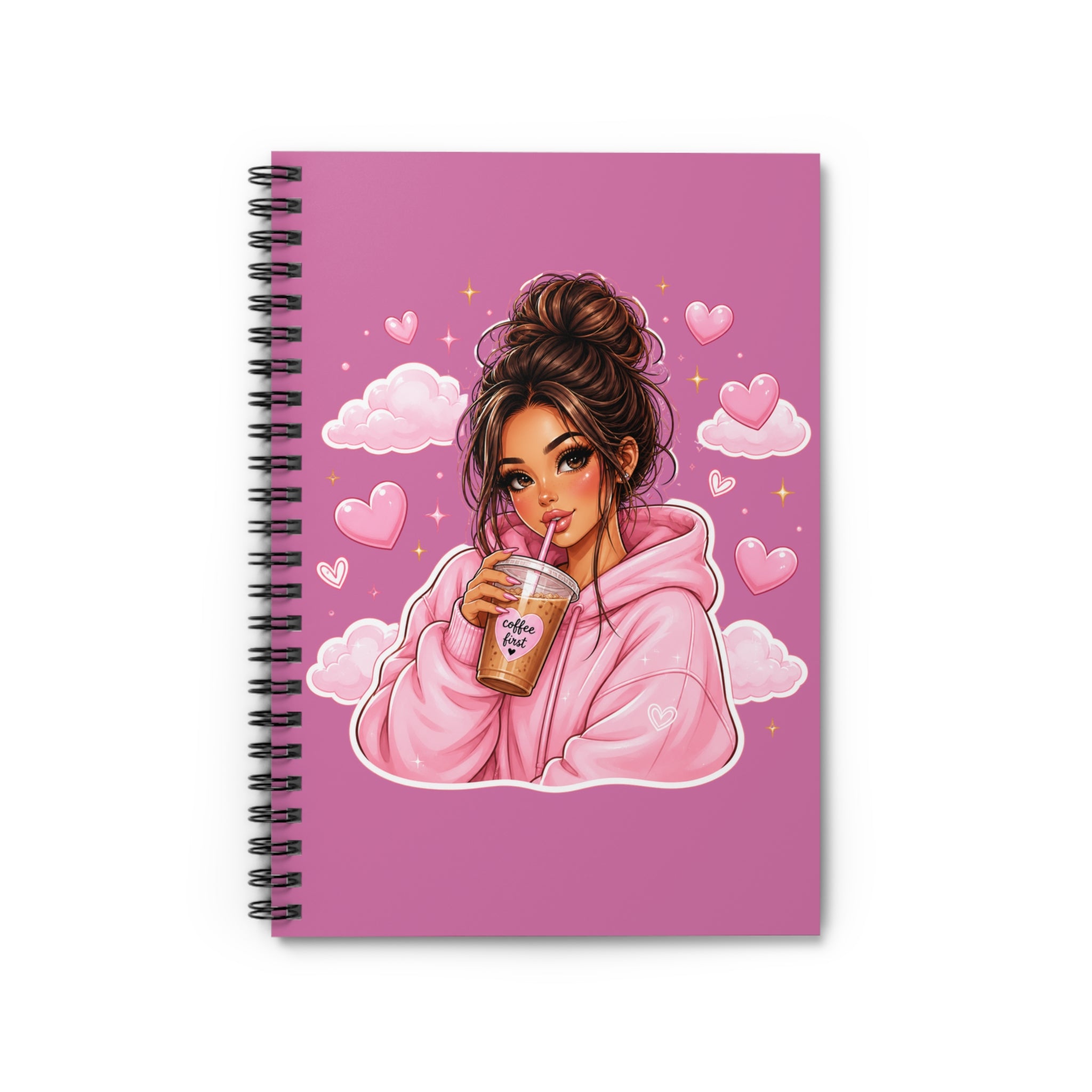 Pink Cozy Girl Spiral Notebook — Cute Coffee Aesthetic Ruled Journal