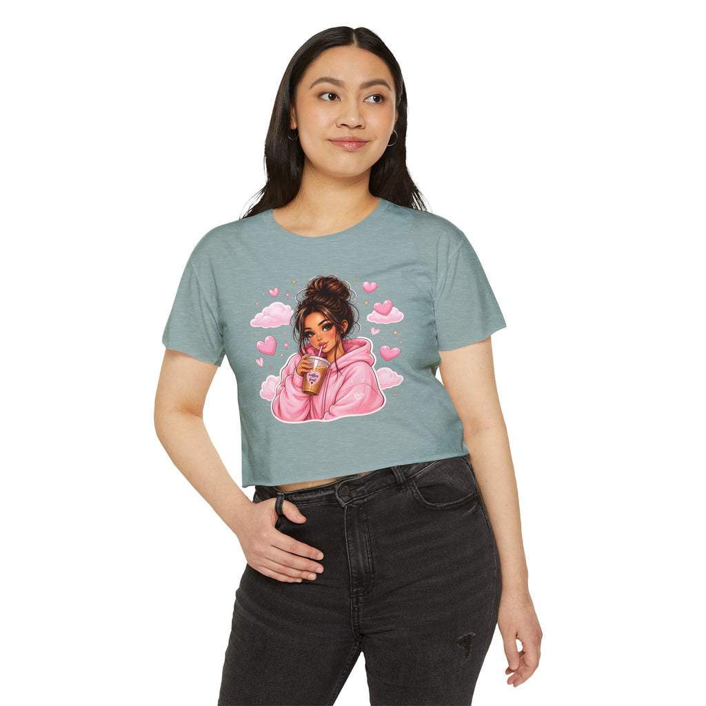 Women's Crop Top — Cute Pink Hoodie Girl Drinking Boba Illustration