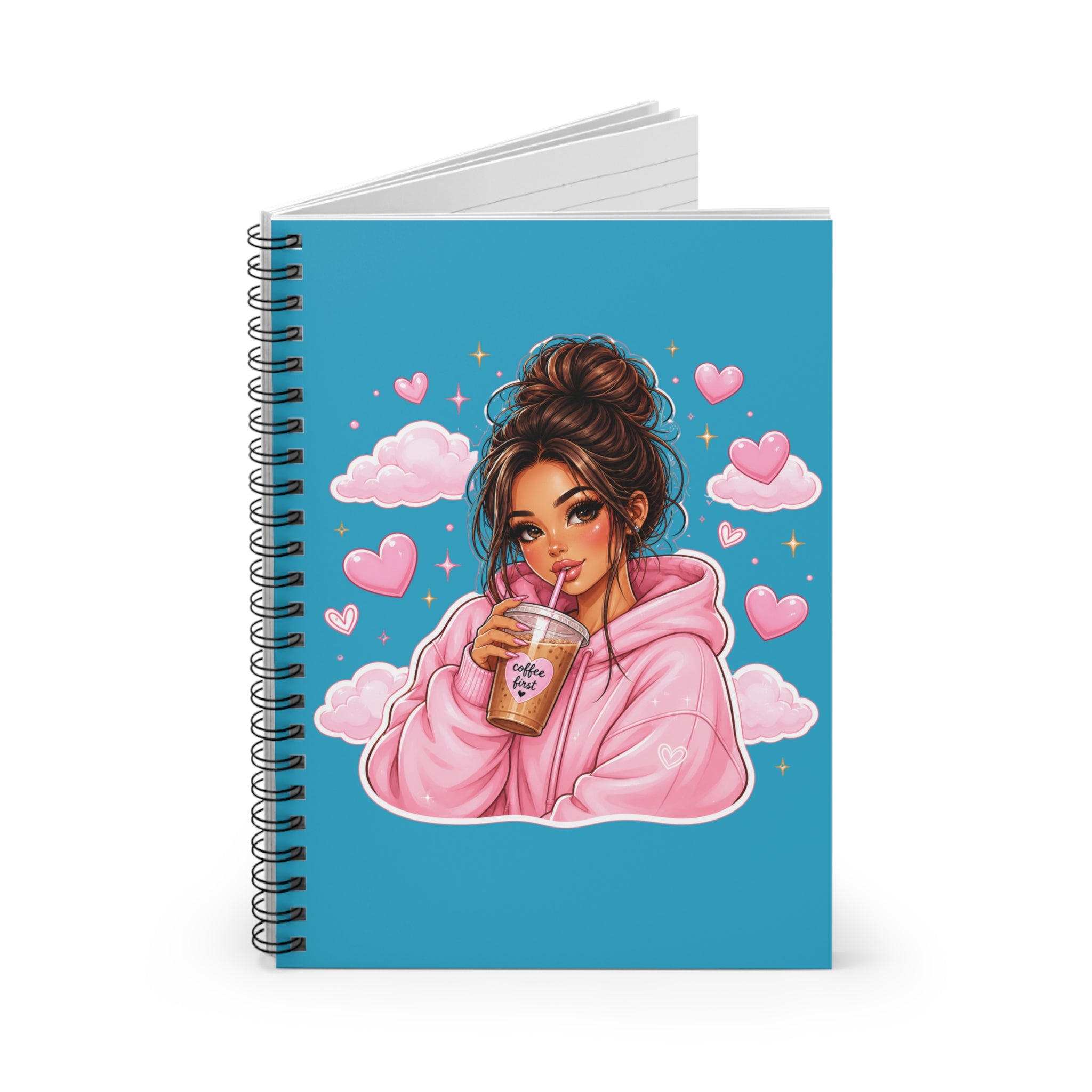 Cute Girl Drinking Bubble Tea Spiral Notebook — Kawaii Pink Hoodie Journal
