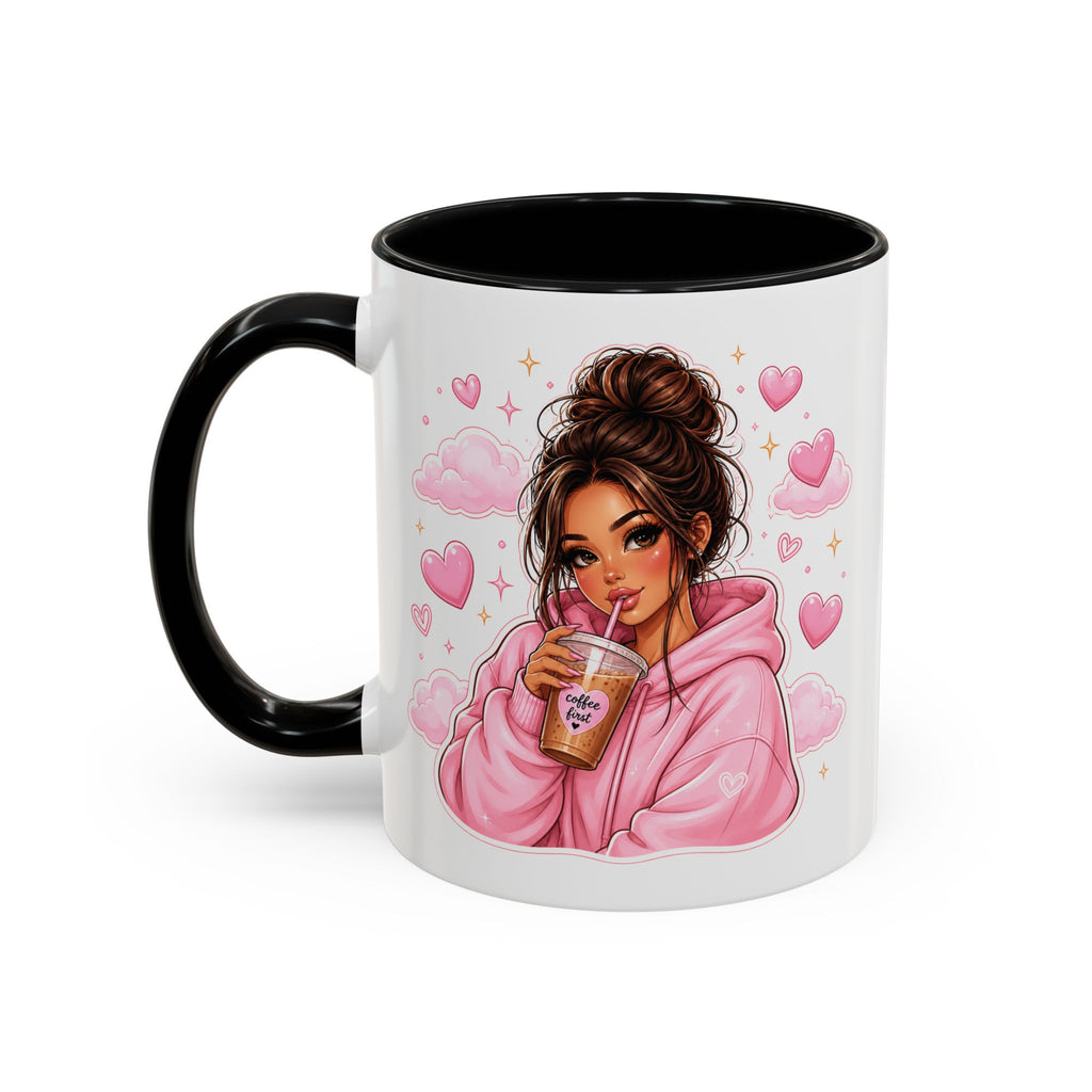 Cute Girl Pink Hoodie Coffee Mug — Iced Coffee Aesthetic Accent Mug (11/15oz)