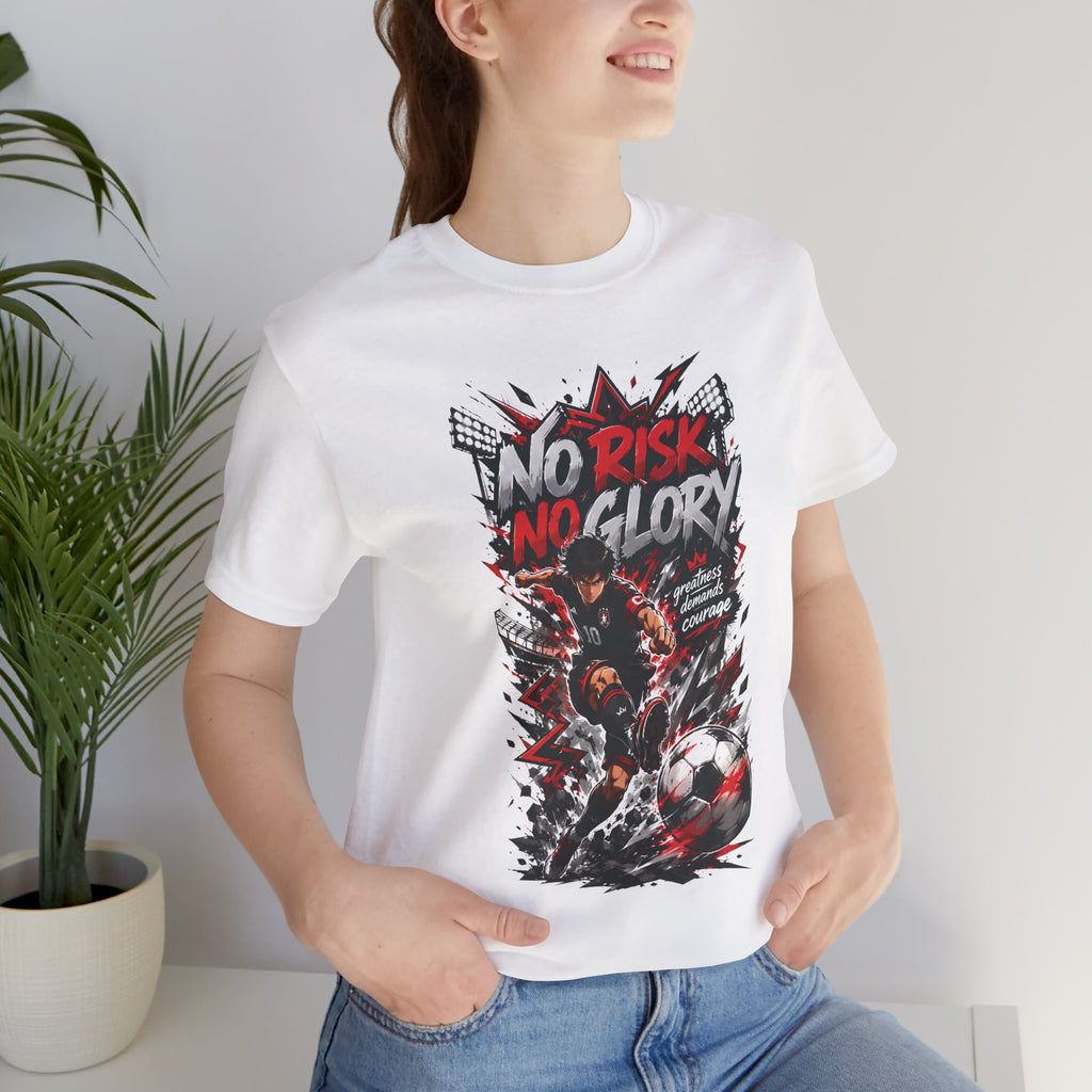 No Risk No Glory Soccer T-Shirt — Dynamic Football Player Graphic Tee