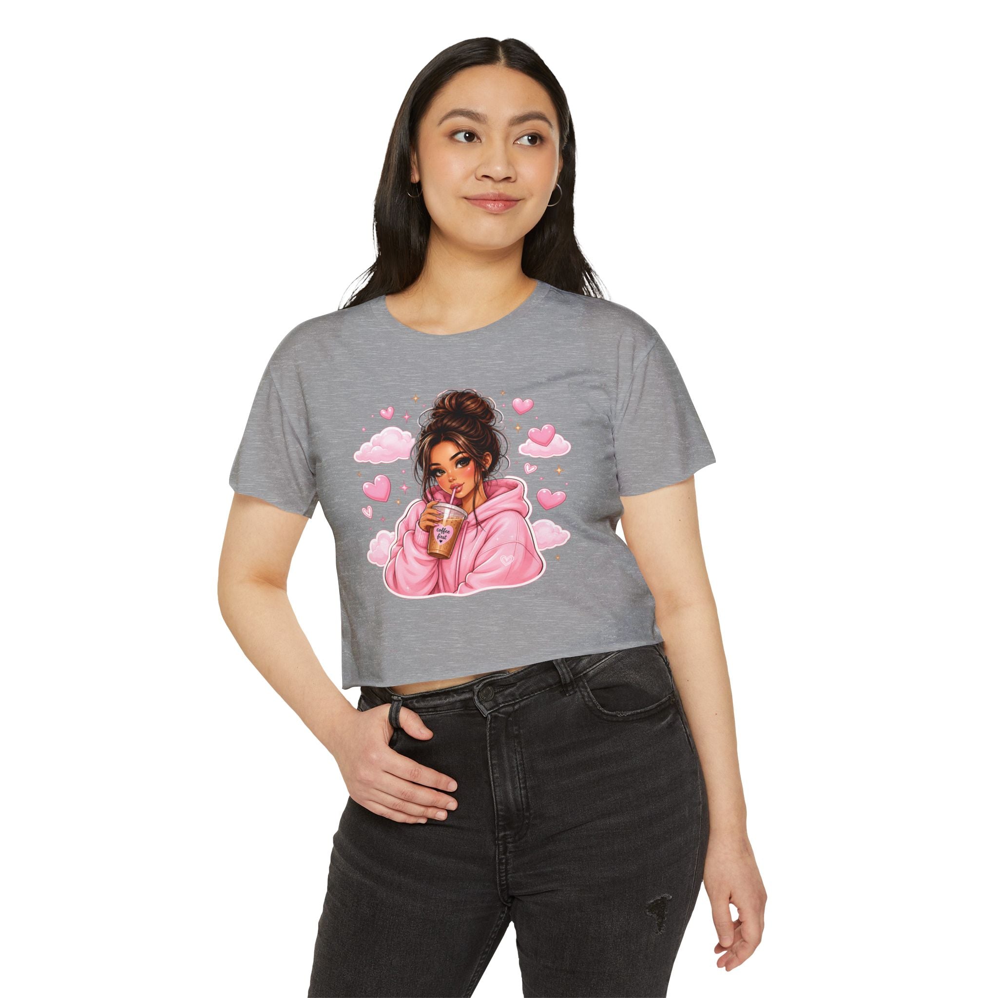 Women's Crop Top — Cute Pink Hoodie Girl Drinking Boba Illustration