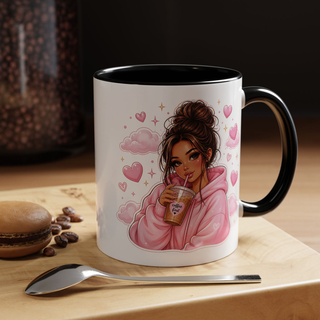 Cute Girl Pink Hoodie Coffee Mug — Iced Coffee Aesthetic Accent Mug (11/15oz)