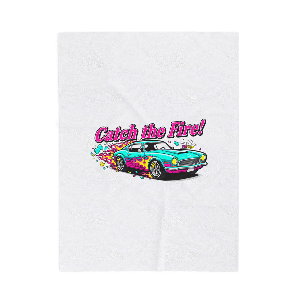 Catch the Fire Retro Cartoon Car Velveteen Plush Blanket | racing flame, vintage car illustration