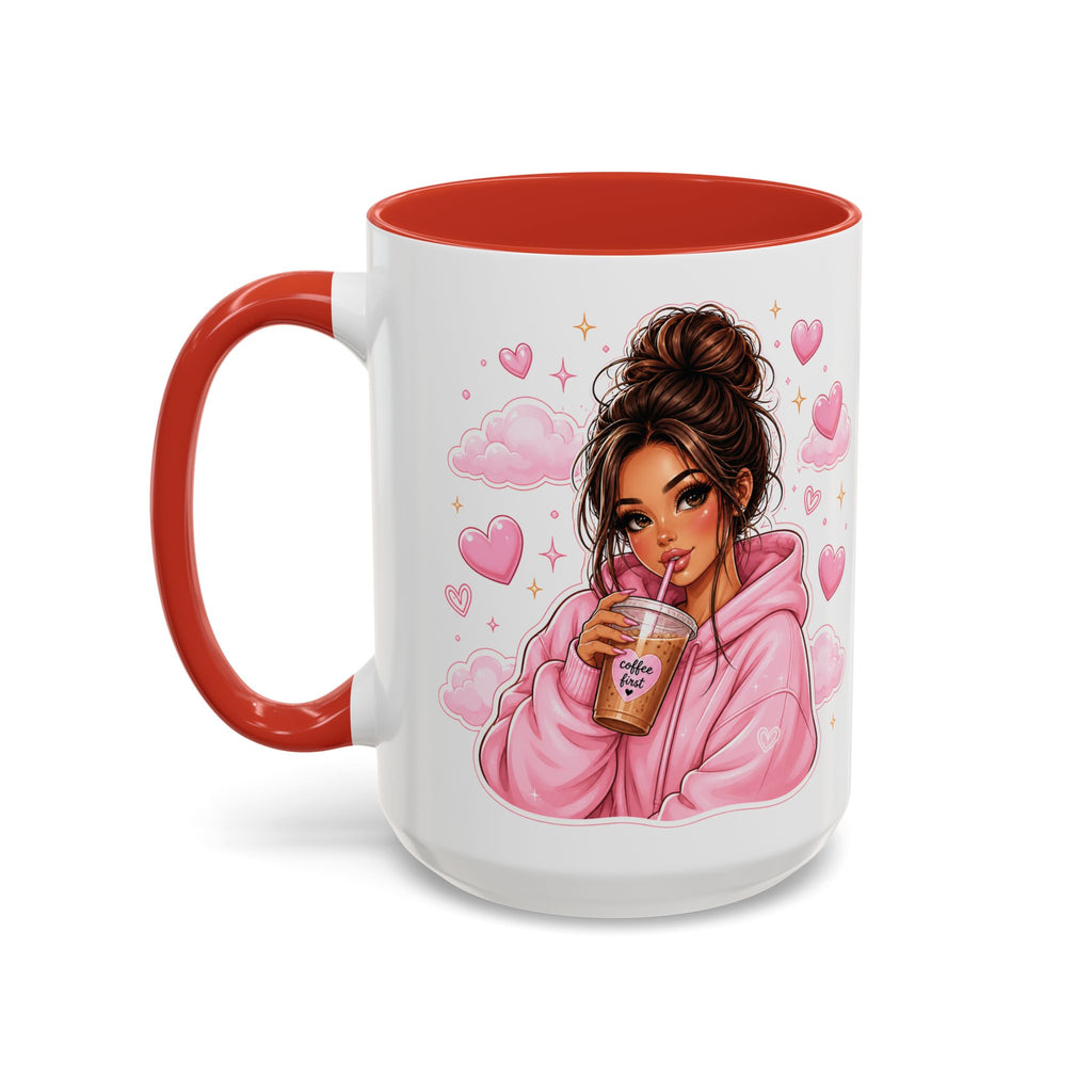 Cute Girl Pink Hoodie Coffee Mug — Iced Coffee Aesthetic Accent Mug (11/15oz)