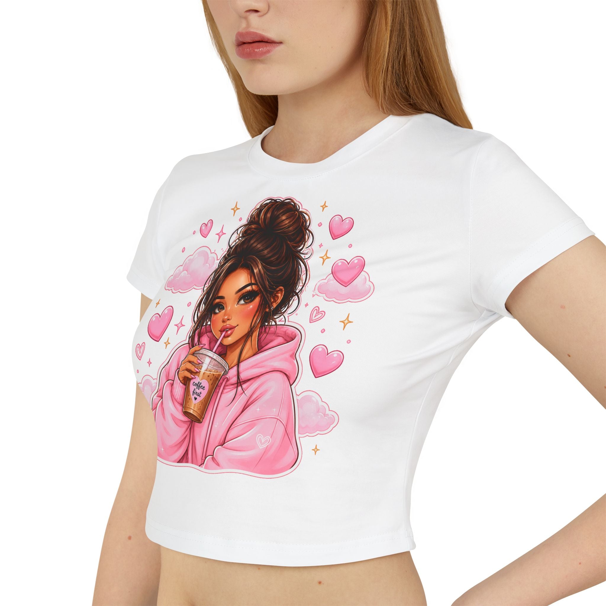 Baby Tee — Cute Girl Drinking Coffee Illustration, Pink Hearts Cozy Aesthetic Top