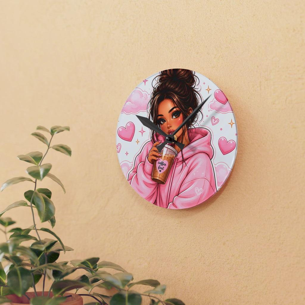 Cozy Pink Hoodie Girl Acrylic Wall Clock