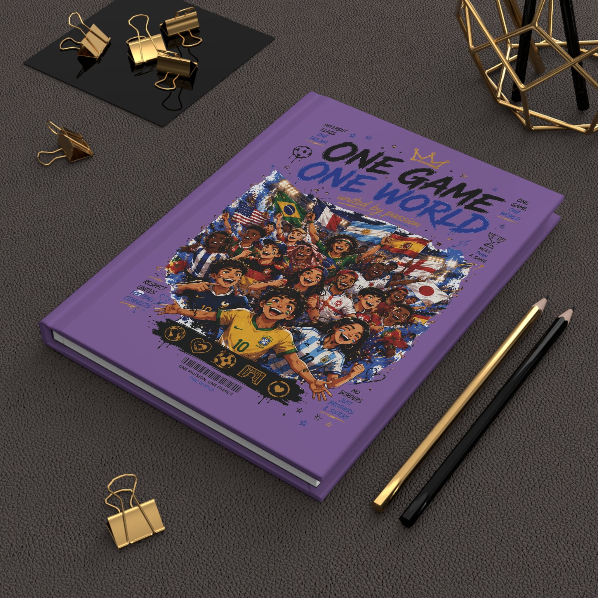 One Game One World Hardcover Journal — Soccer Fan Notebook with Customizable Name & Number