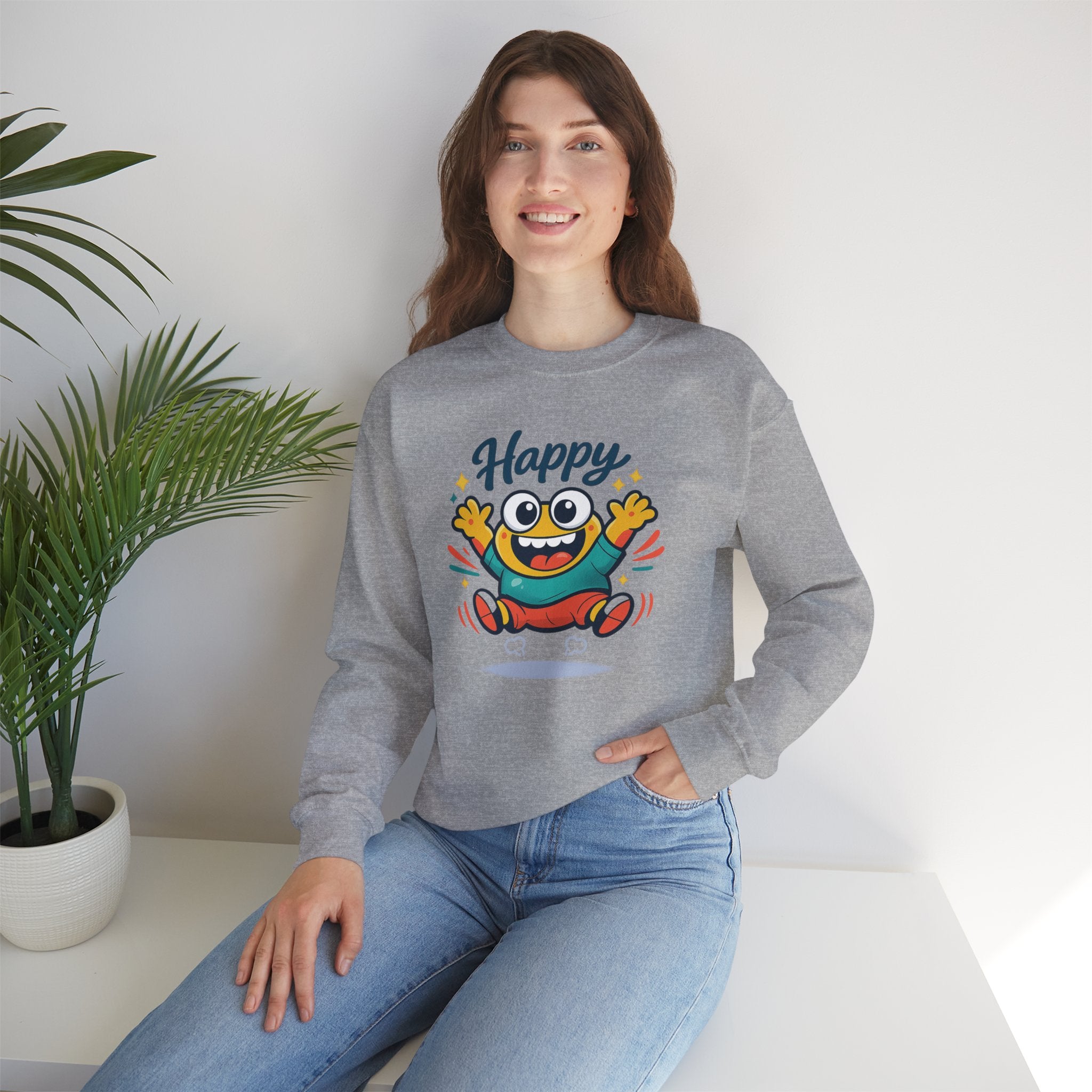 Happy Blob Cartoon Crewneck Sweatshirt | kawaii minimal, thick outline