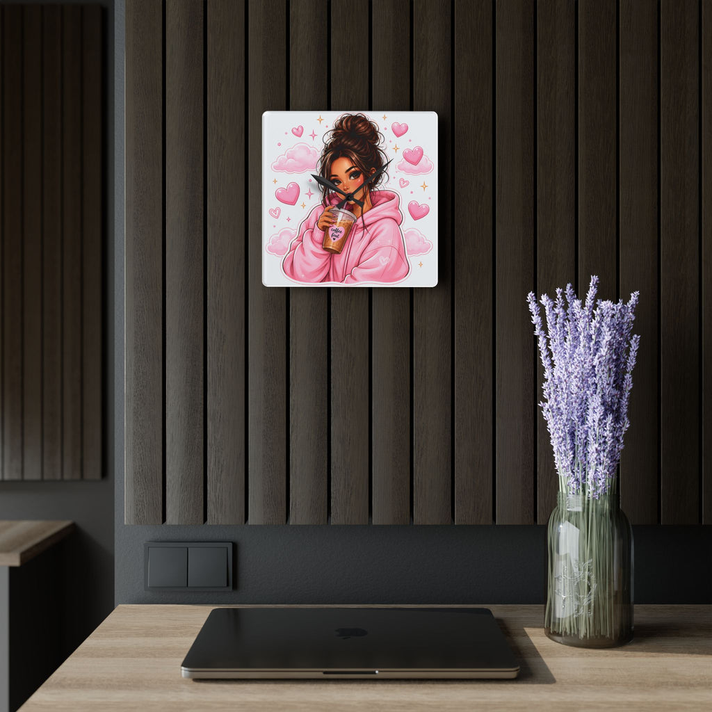 Cozy Pink Hoodie Girl Acrylic Wall Clock
