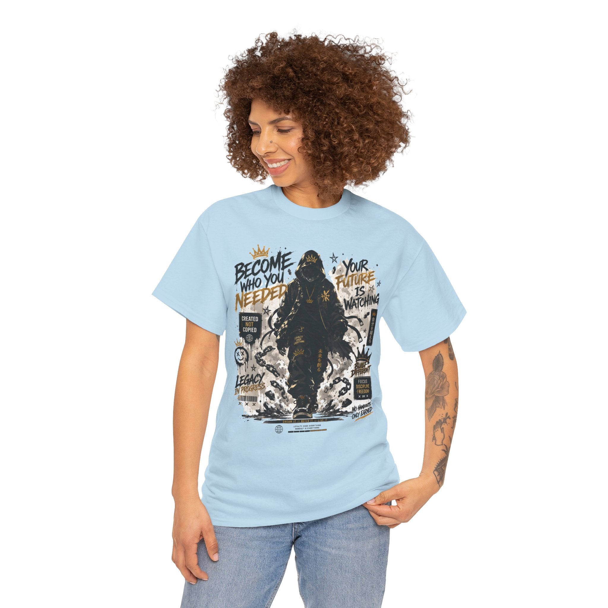 Motivational Soldier Graphic Tee – "Become Who You Needed" Inspirational Military Design