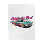 Catch the Fire Retro Cartoon Car Velveteen Plush Blanket | racing flame, vintage car illustration