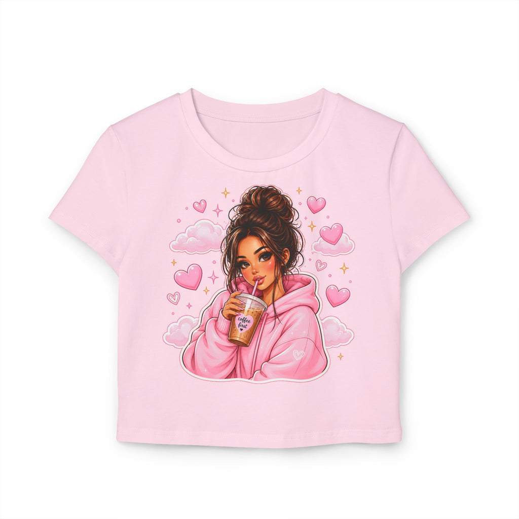 Baby Tee — Cute Girl Drinking Coffee Illustration, Pink Hearts Cozy Aesthetic Top