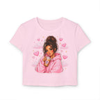 Baby Tee — Cute Girl Drinking Coffee Illustration, Pink Hearts Cozy Aesthetic Top
