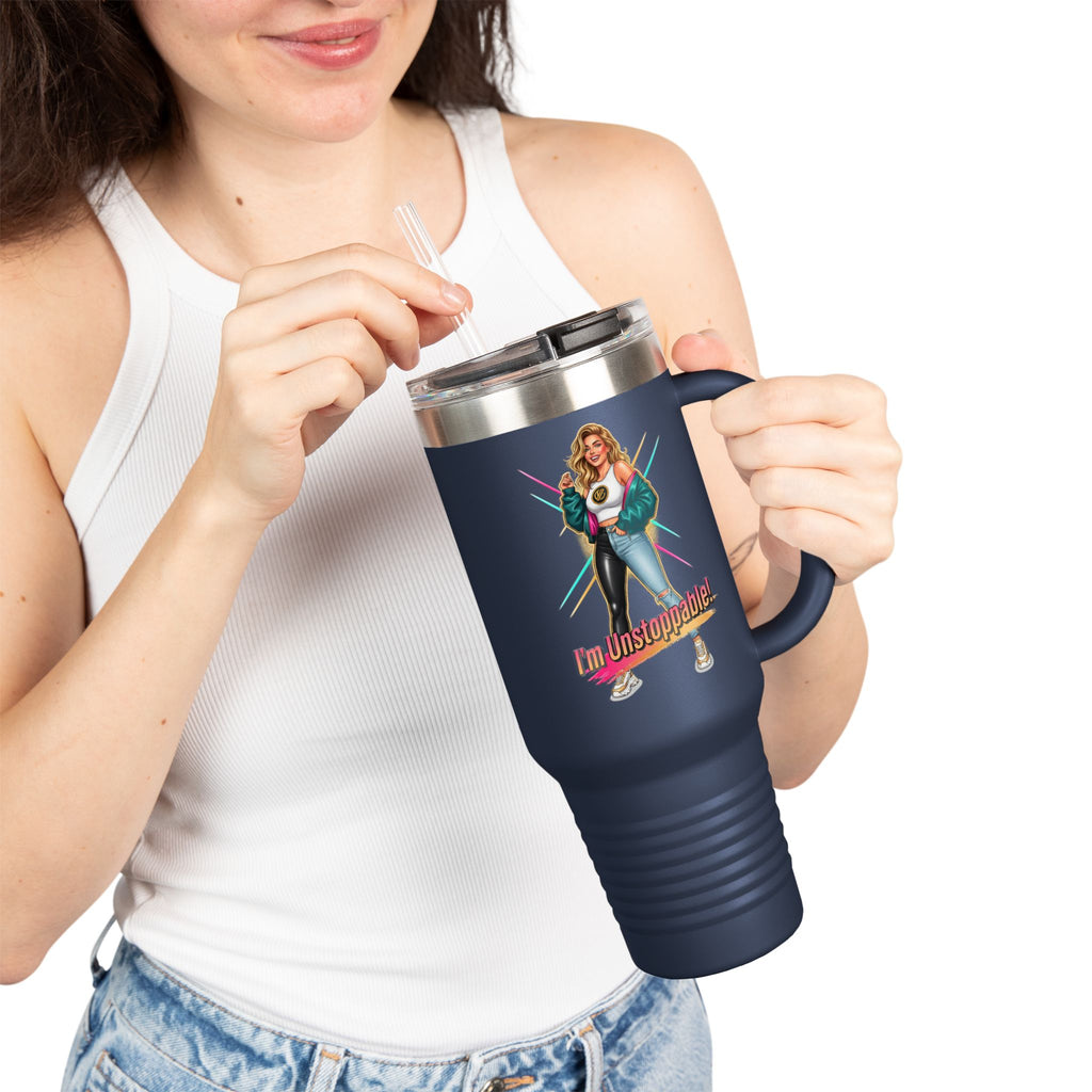 40oz Insulated Travel Mug — “I’m Unstoppable” Retro Fitness Graphic