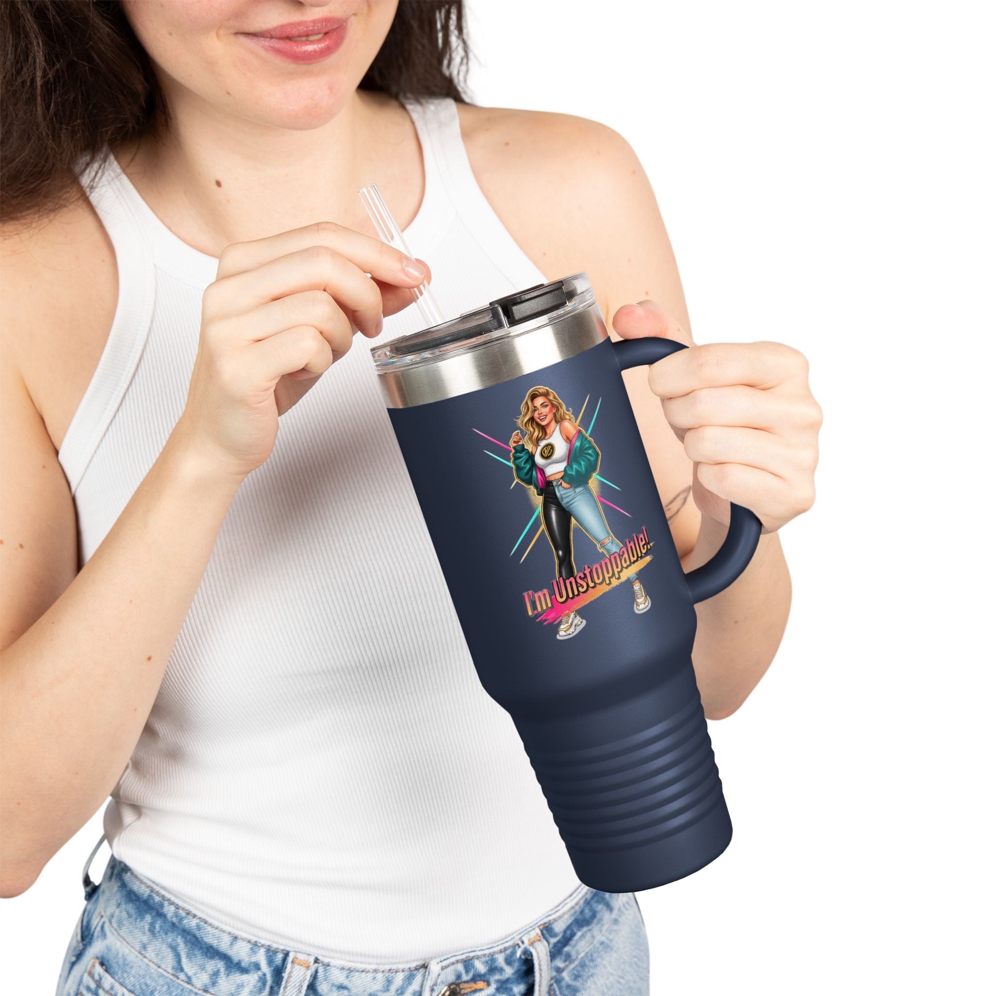 40oz Insulated Travel Mug — “I’m Unstoppable” Retro Fitness Graphic