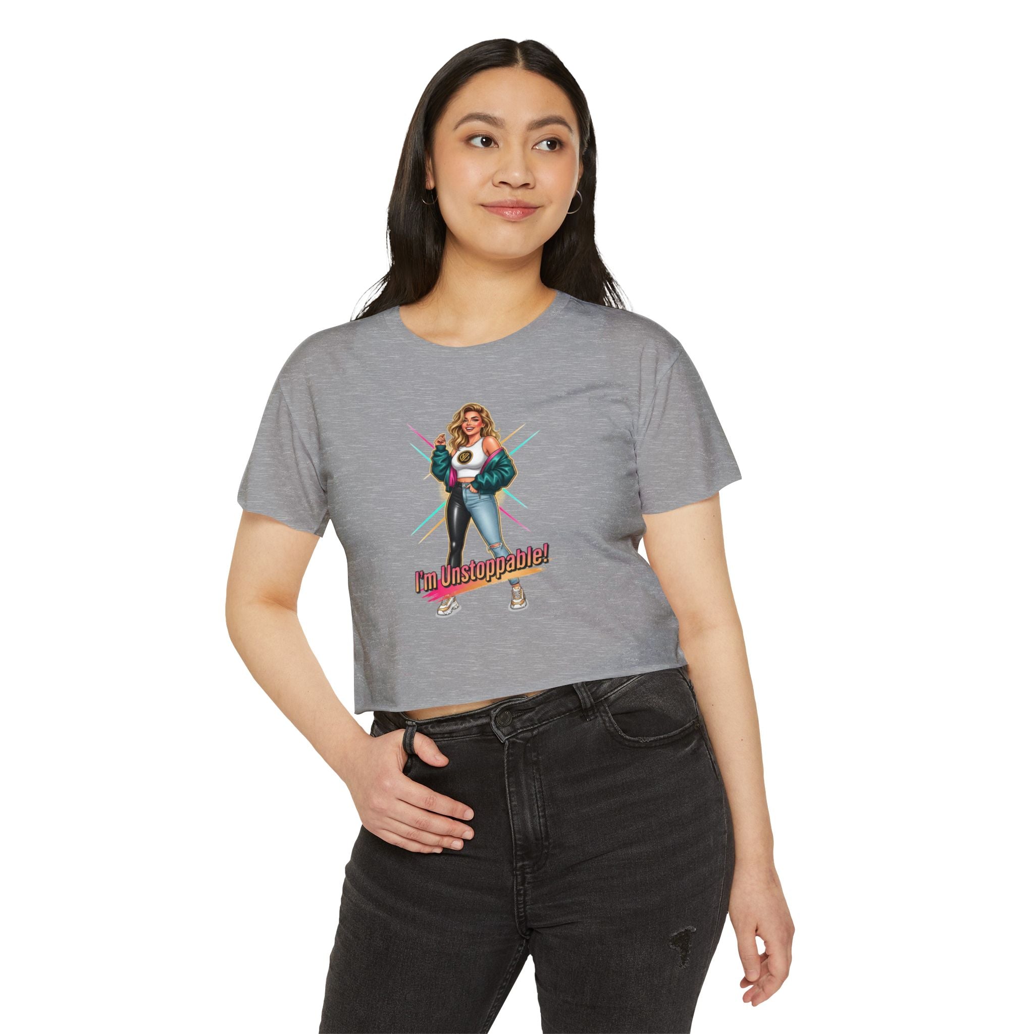 Women’s Festival Crop Top — “I’m Unstoppable!” Retro 80s Empowerment Tee