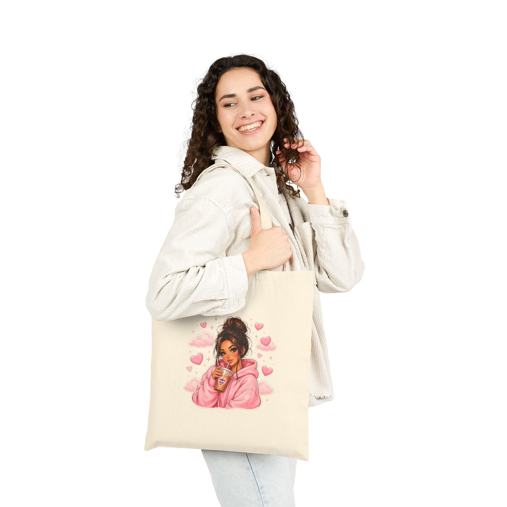 Cute Girl with Coffee Canvas Tote Bag - Pink Hoodie Illustration