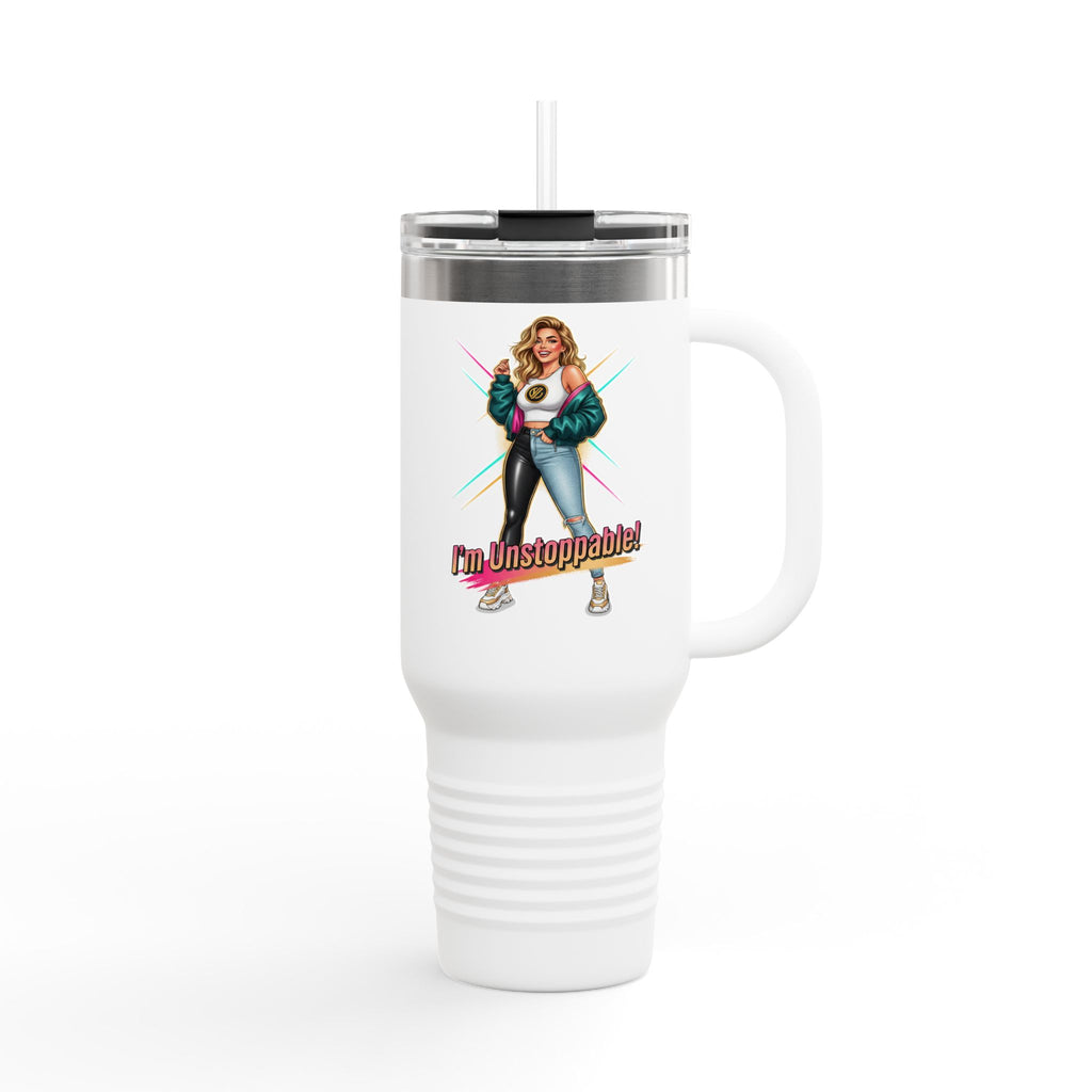40oz Insulated Travel Mug — “I’m Unstoppable” Retro Fitness Graphic