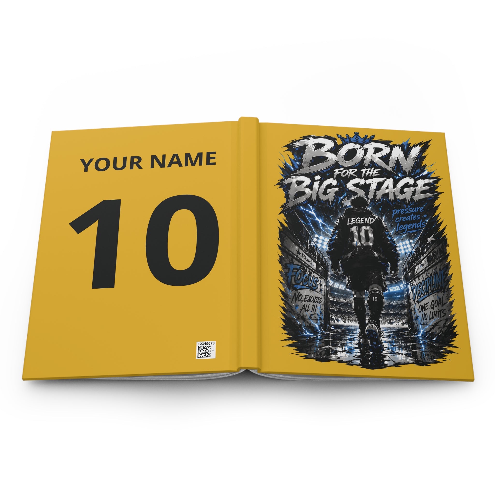 Hardcover Journal — "Born for the Big Stage" Soccer Notebook (Custom Name & Number)