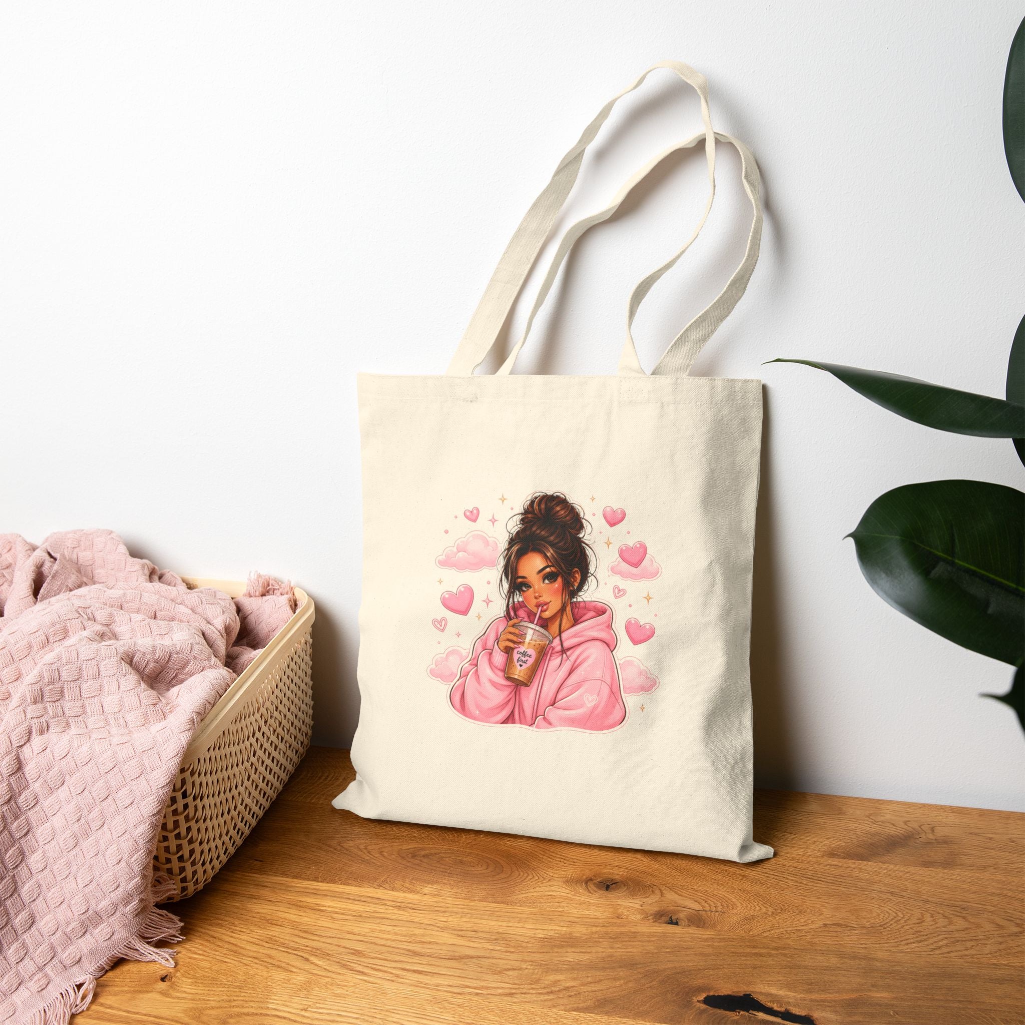 Cute Girl with Coffee Canvas Tote Bag - Pink Hoodie Illustration