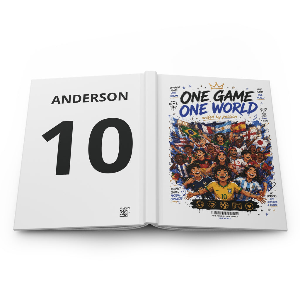 One Game One World Soccer Hardcover Journal — Personalized Name & Number