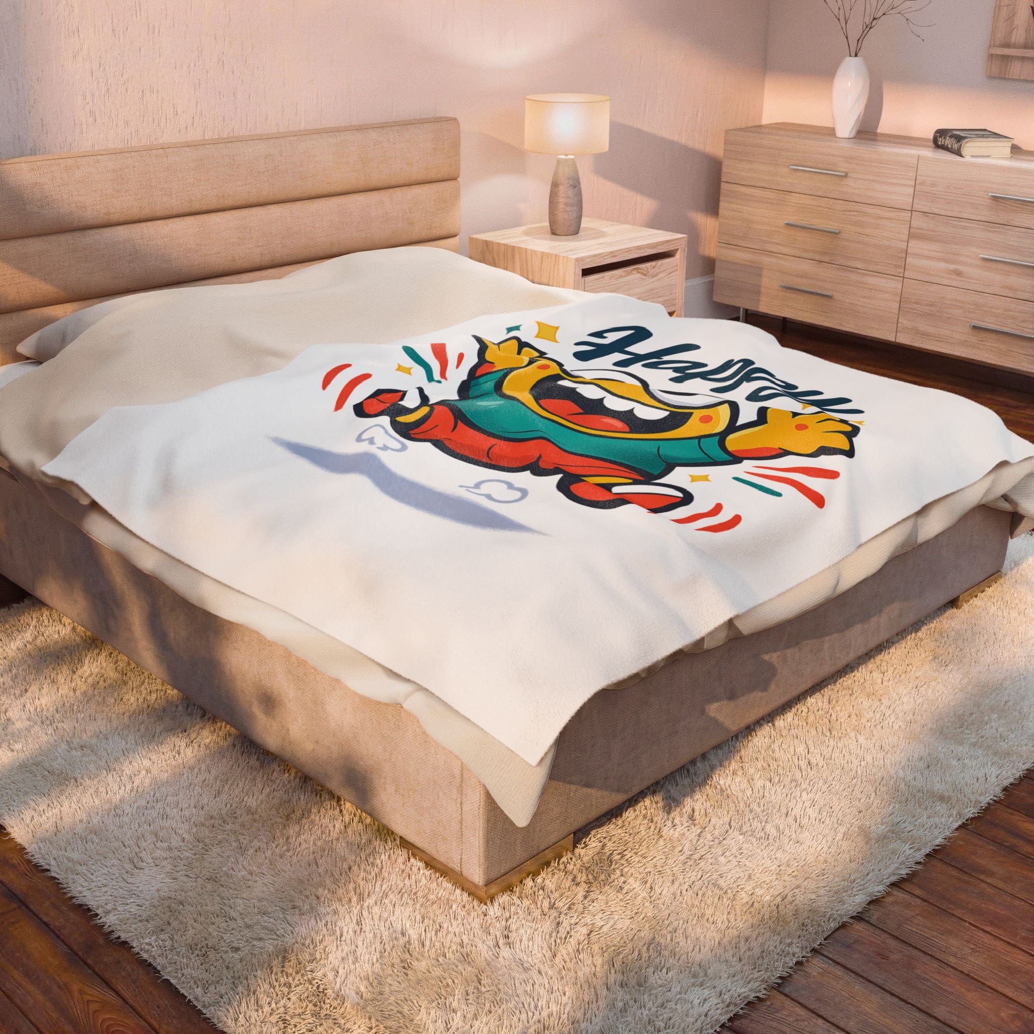 Happy Mood Face Velveteen Plush Blanket | thick outline kawaii cartoon