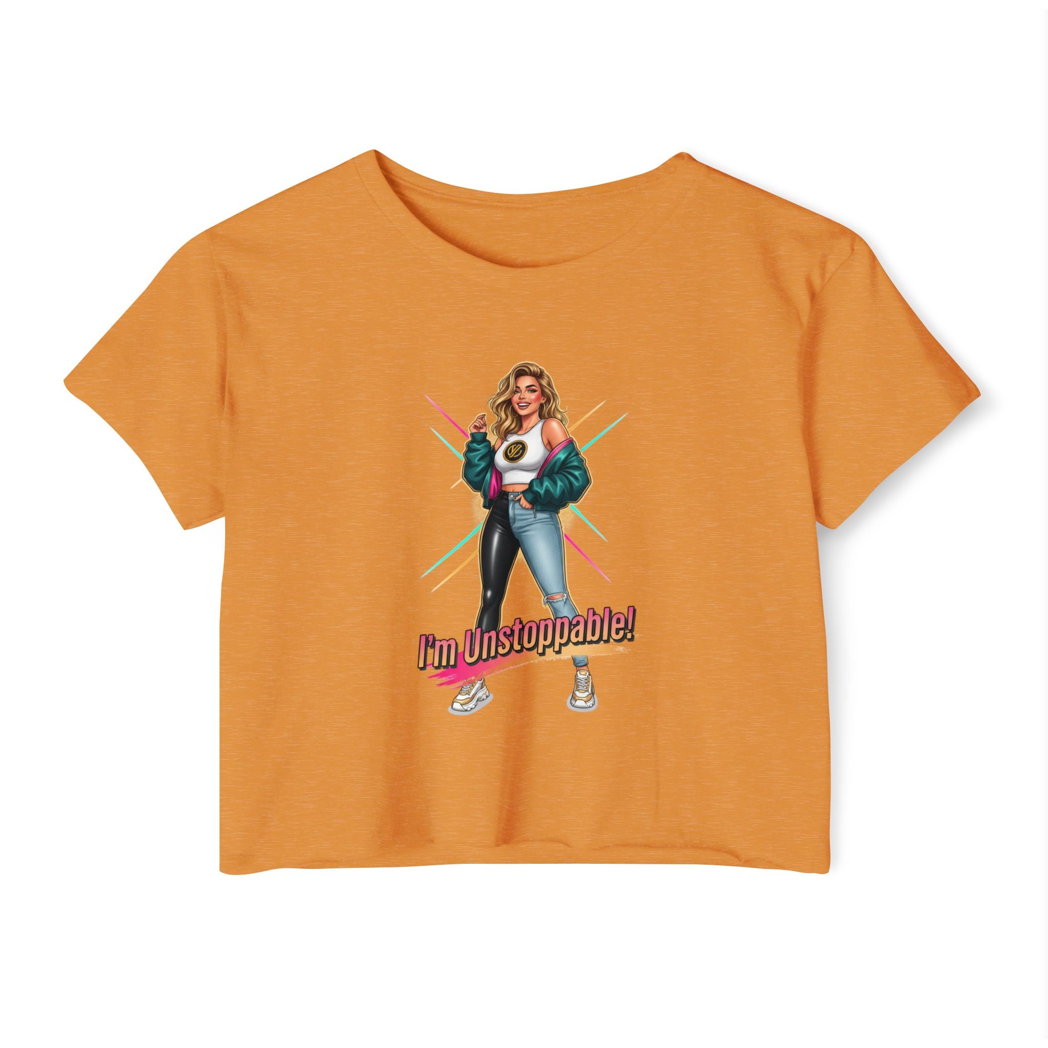 Women’s Festival Crop Top — “I’m Unstoppable!” Retro 80s Empowerment Tee