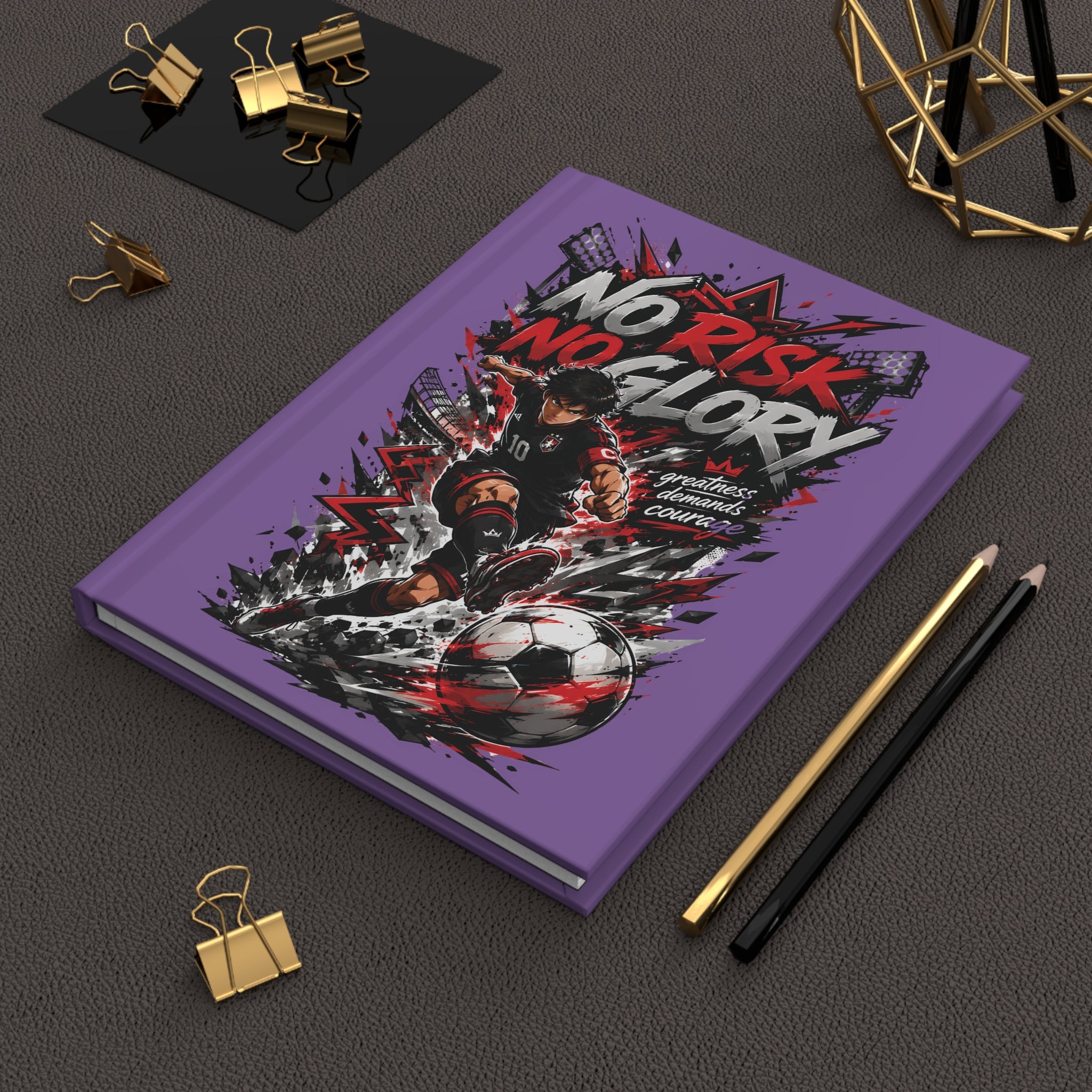 No Risk No Glory Soccer Hardcover Journal — Motivational Football Notebook for Players & Fans