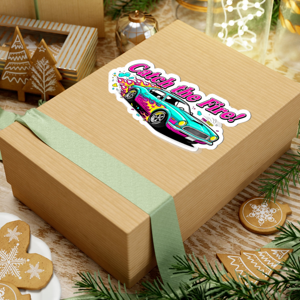 Catch the Fire Retro Car Sticker | Cartoon Racing Flames, Vintage Dragster