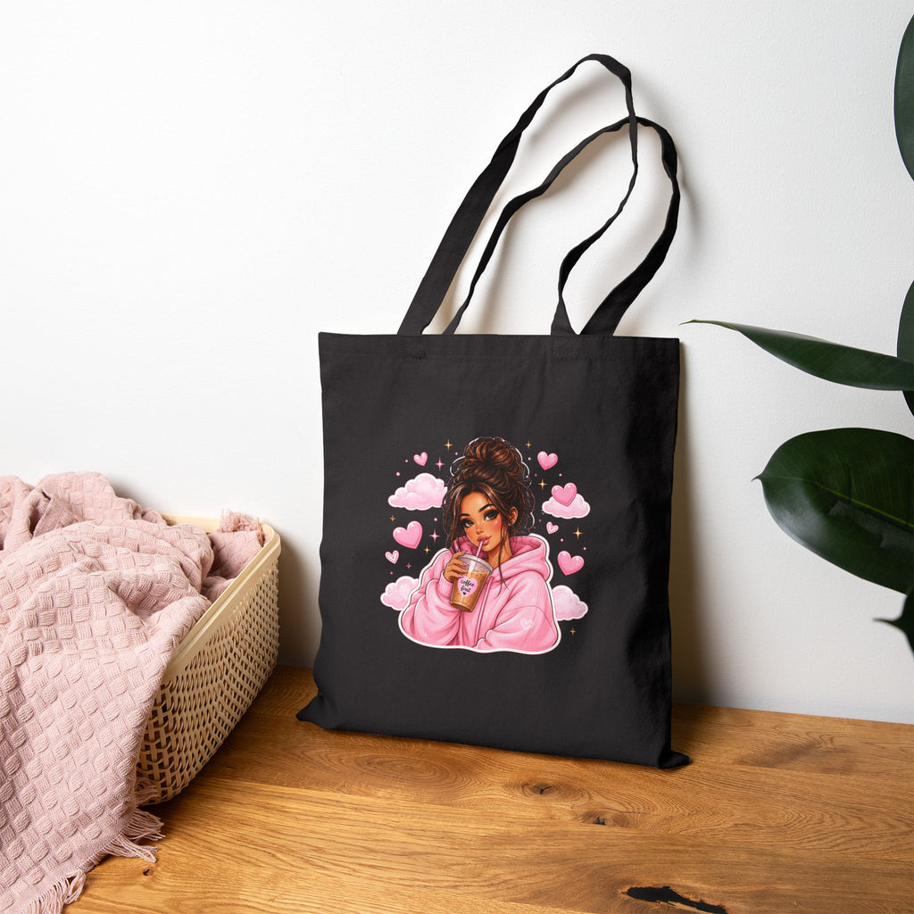 Cute Girl with Coffee Canvas Tote Bag - Pink Hoodie Illustration