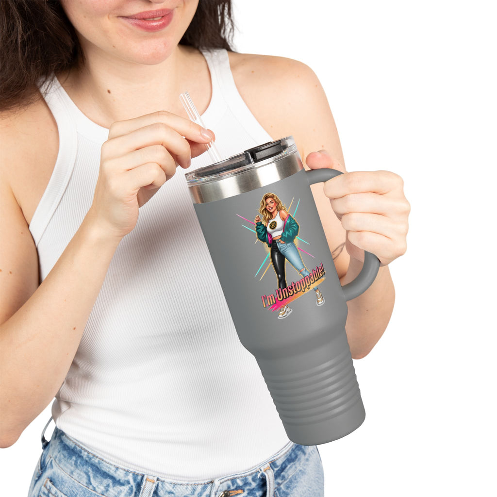 40oz Insulated Travel Mug — “I’m Unstoppable” Retro Fitness Graphic