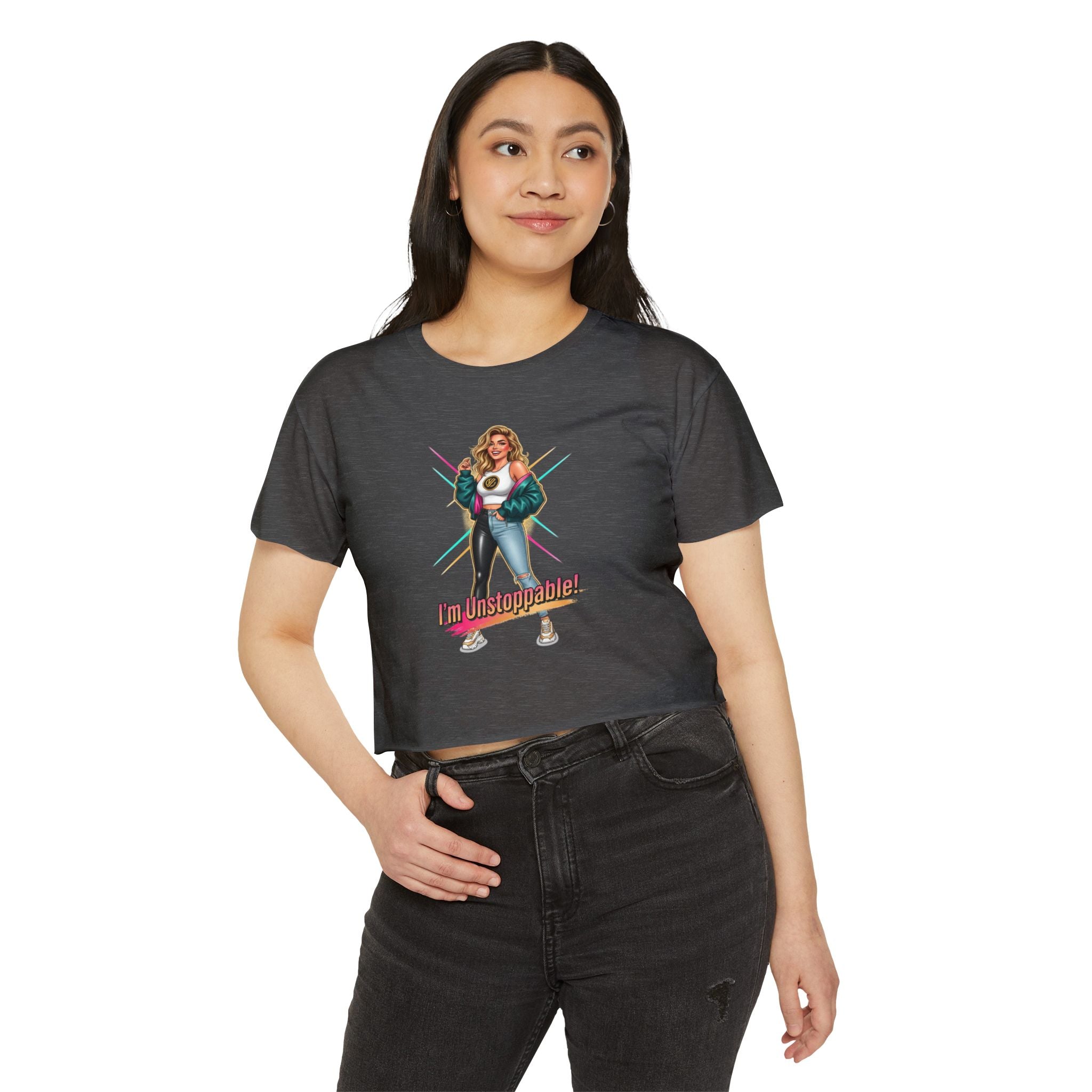 Women’s Festival Crop Top — “I’m Unstoppable!” Retro 80s Empowerment Tee