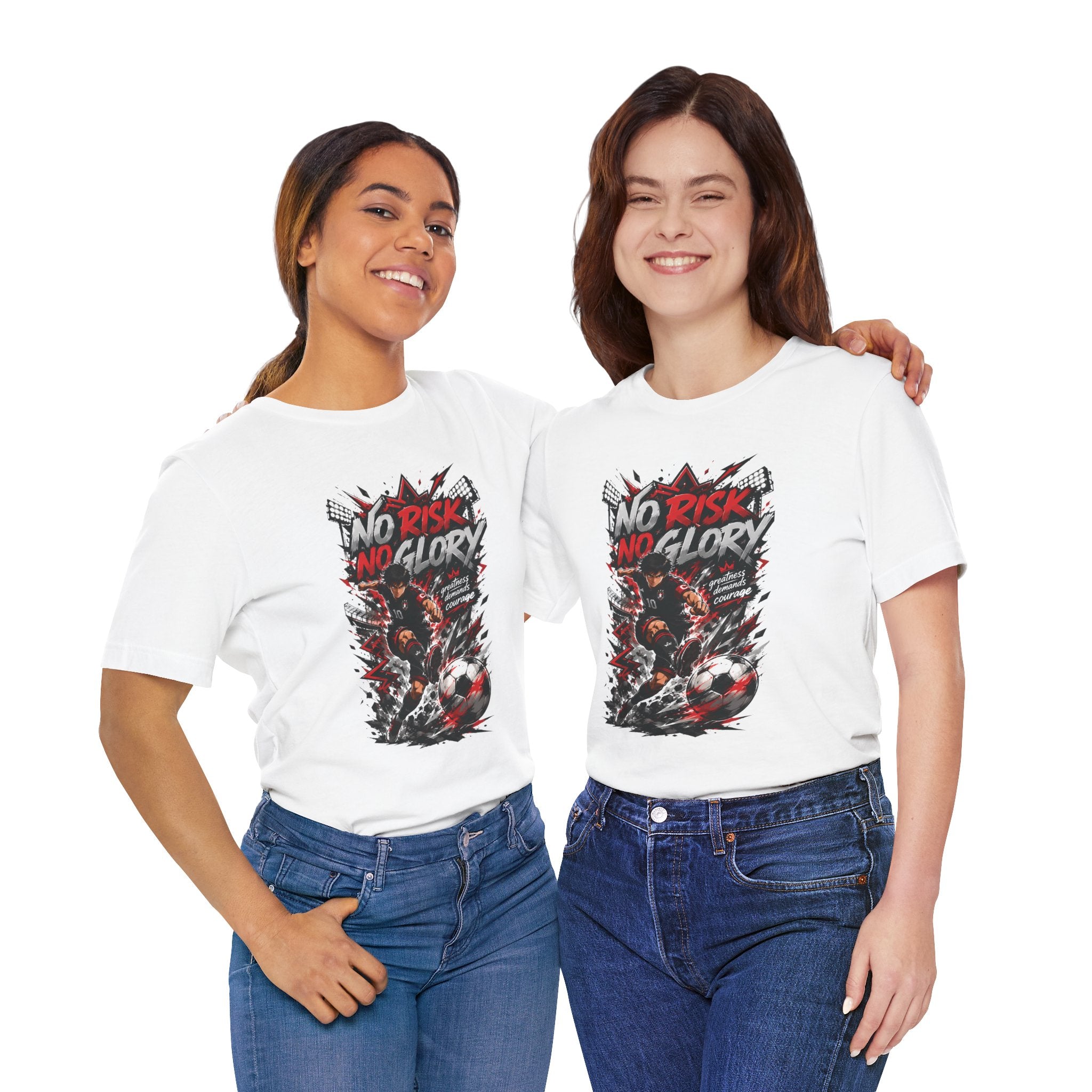 No Risk No Glory Soccer T-Shirt — Dynamic Football Player Graphic Tee