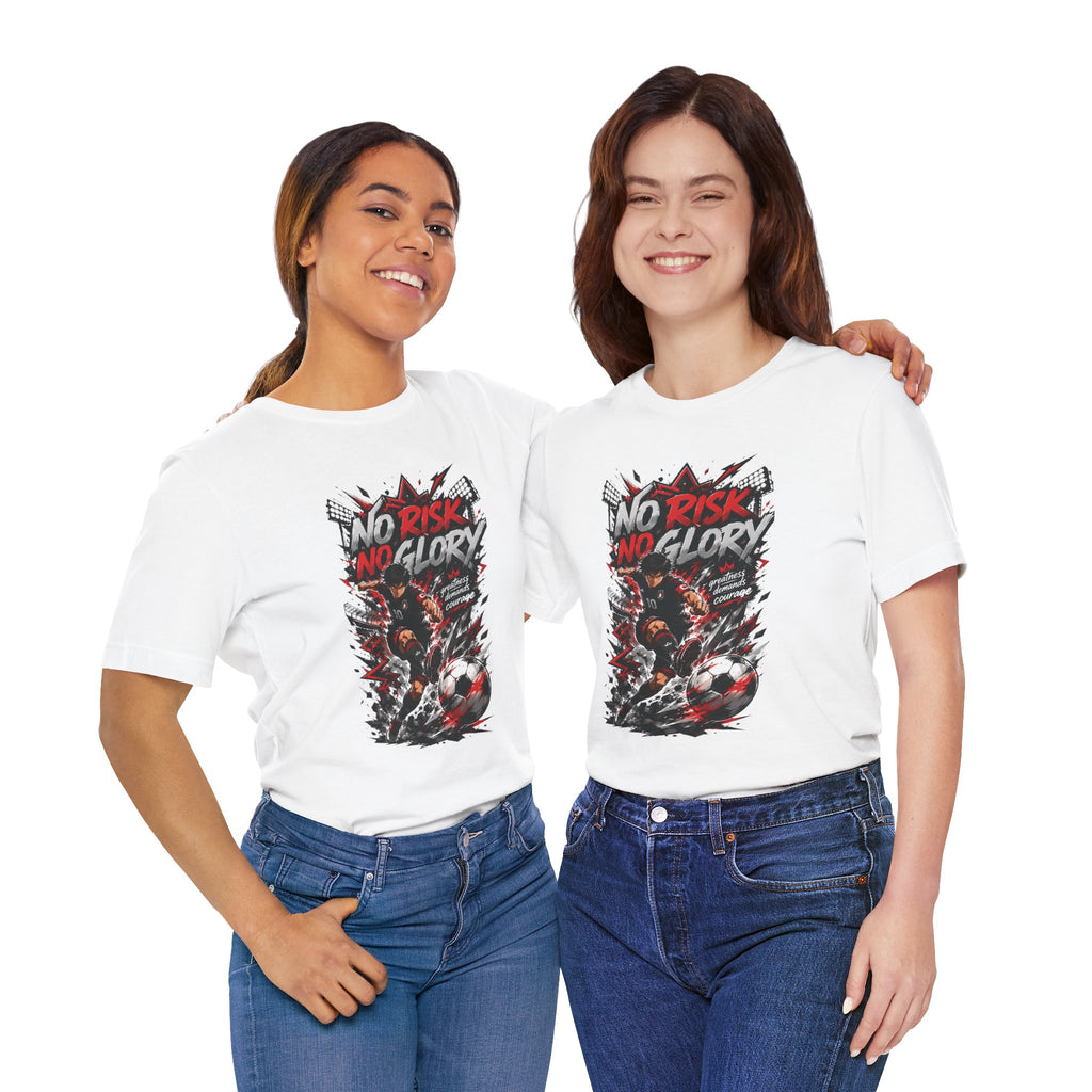 No Risk No Glory Soccer T-Shirt — Dynamic Football Player Graphic Tee