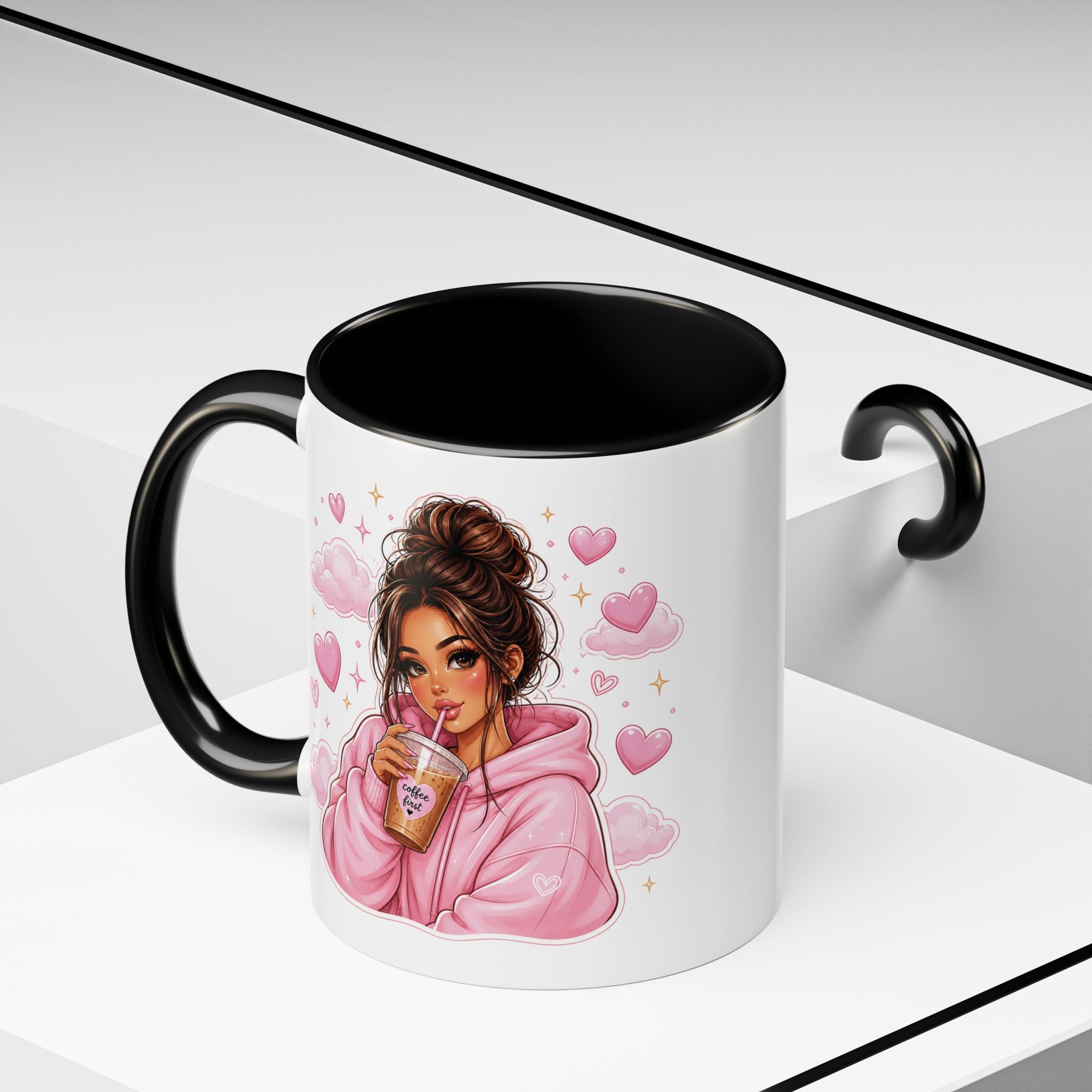Cute Girl Pink Hoodie Coffee Mug — Iced Coffee Aesthetic Accent Mug (11/15oz)