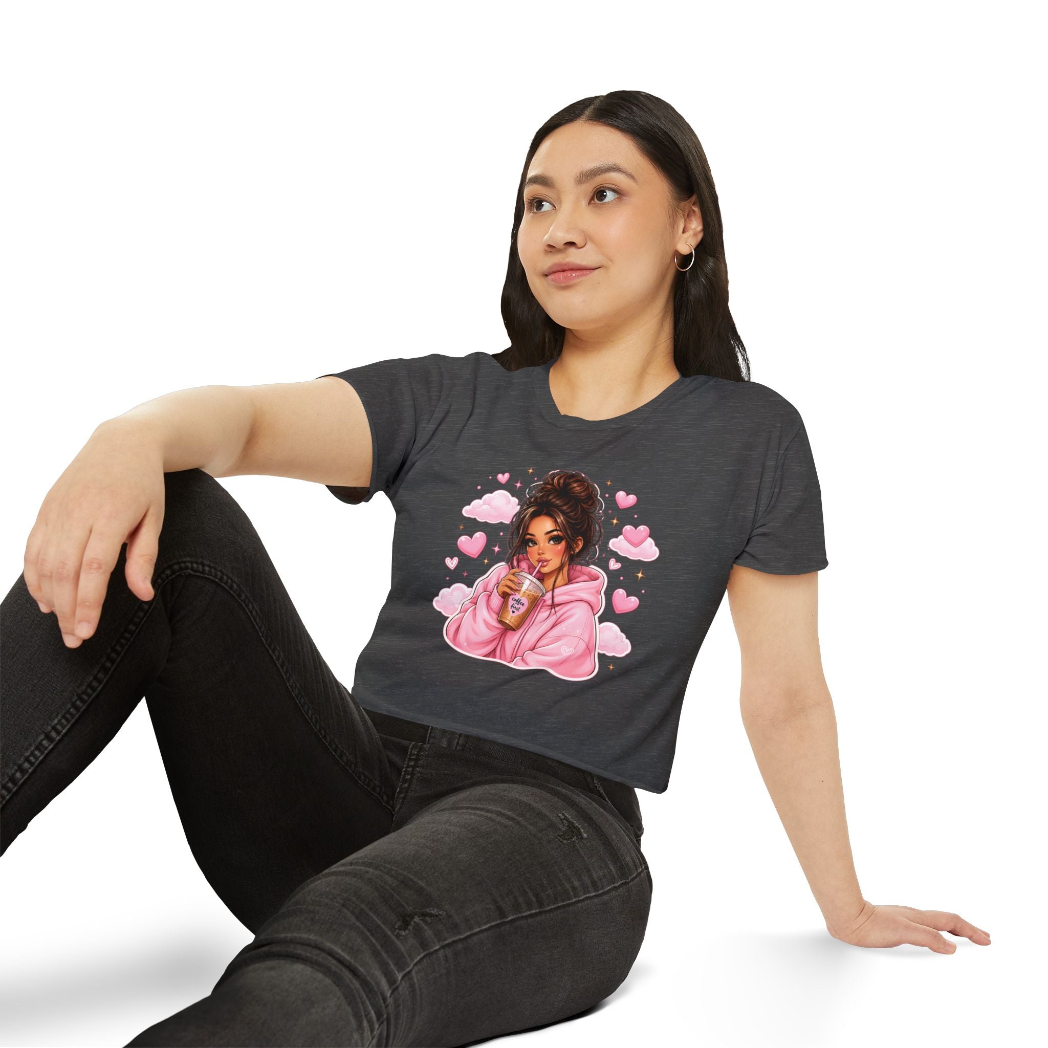 Women's Crop Top — Cute Pink Hoodie Girl Drinking Boba Illustration