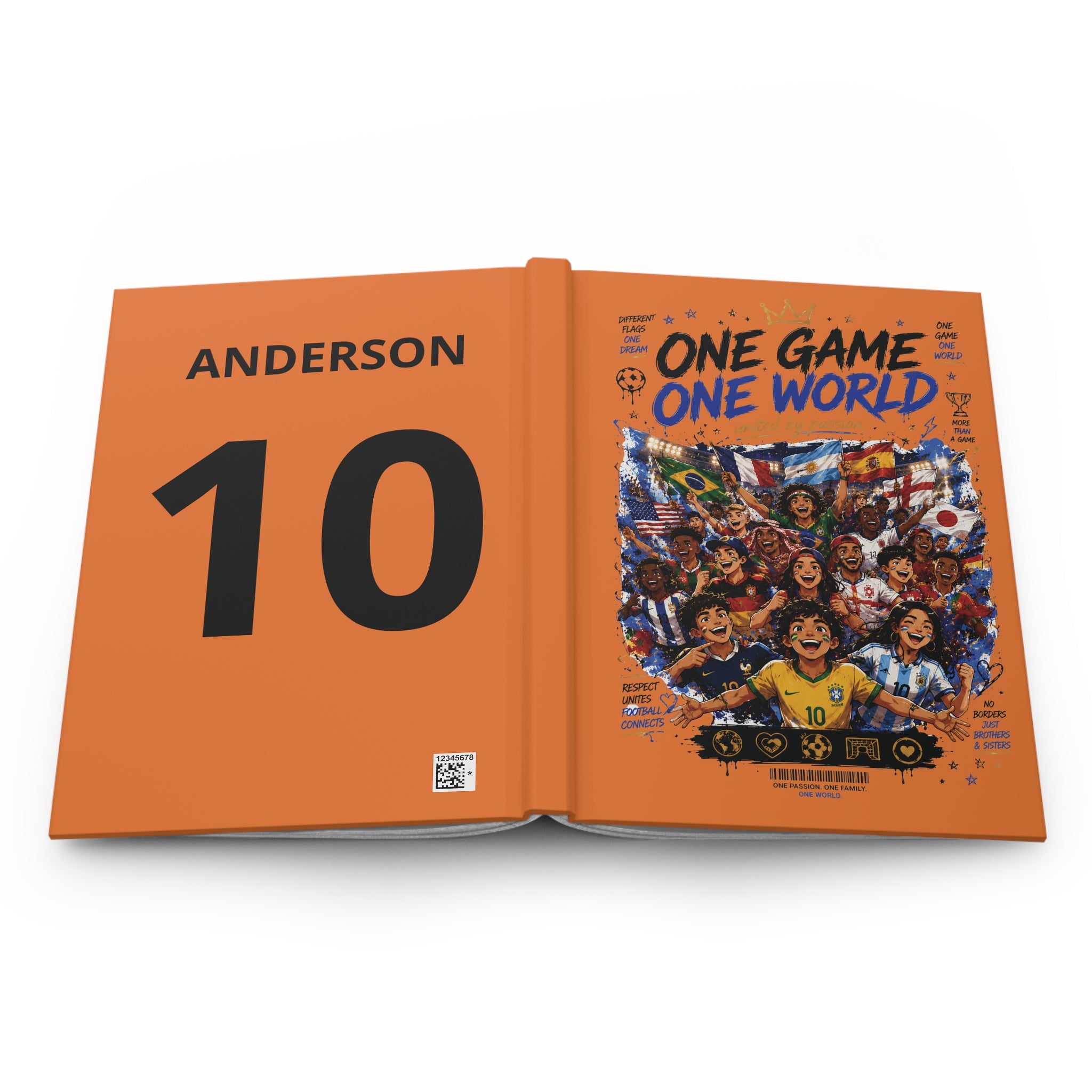 One Game One World Soccer Hardcover Journal — Personalized Name & Number