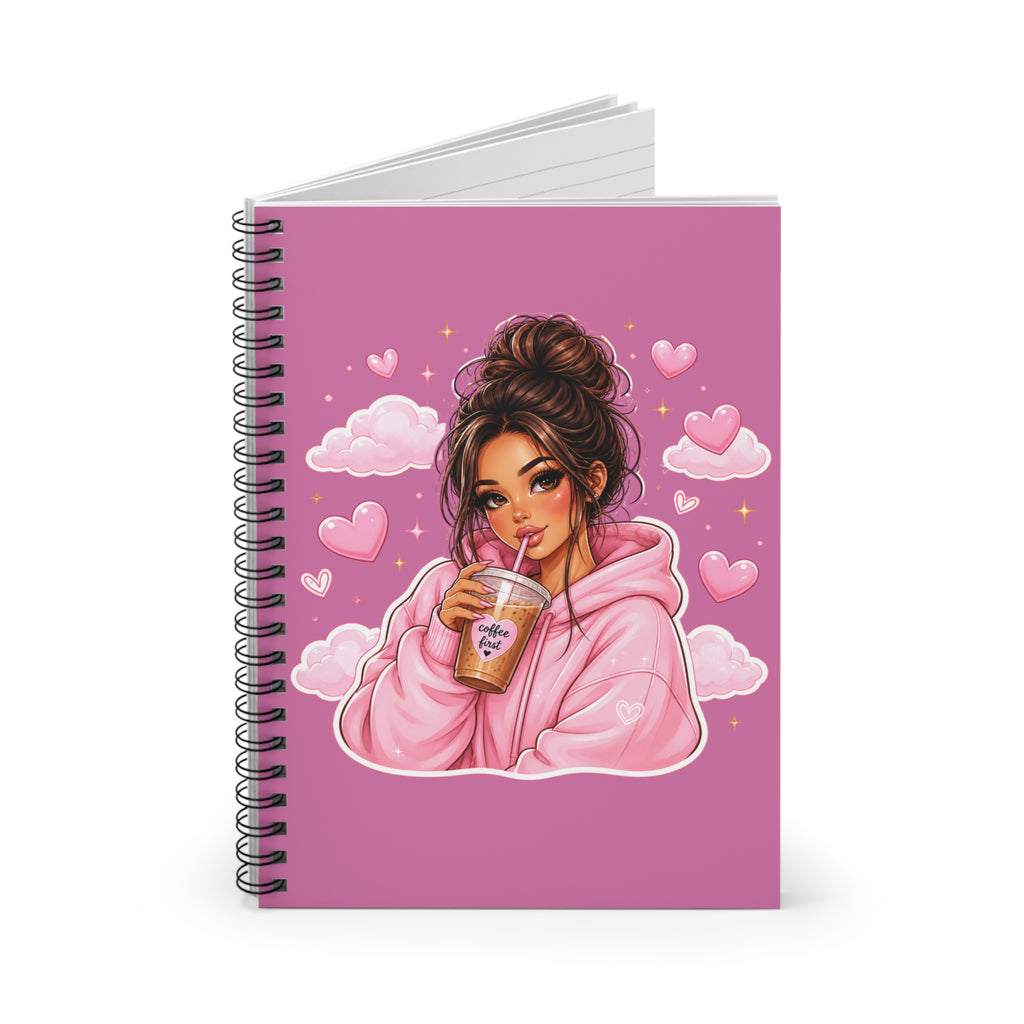 Pink Cozy Girl Spiral Notebook — Cute Coffee Aesthetic Ruled Journal