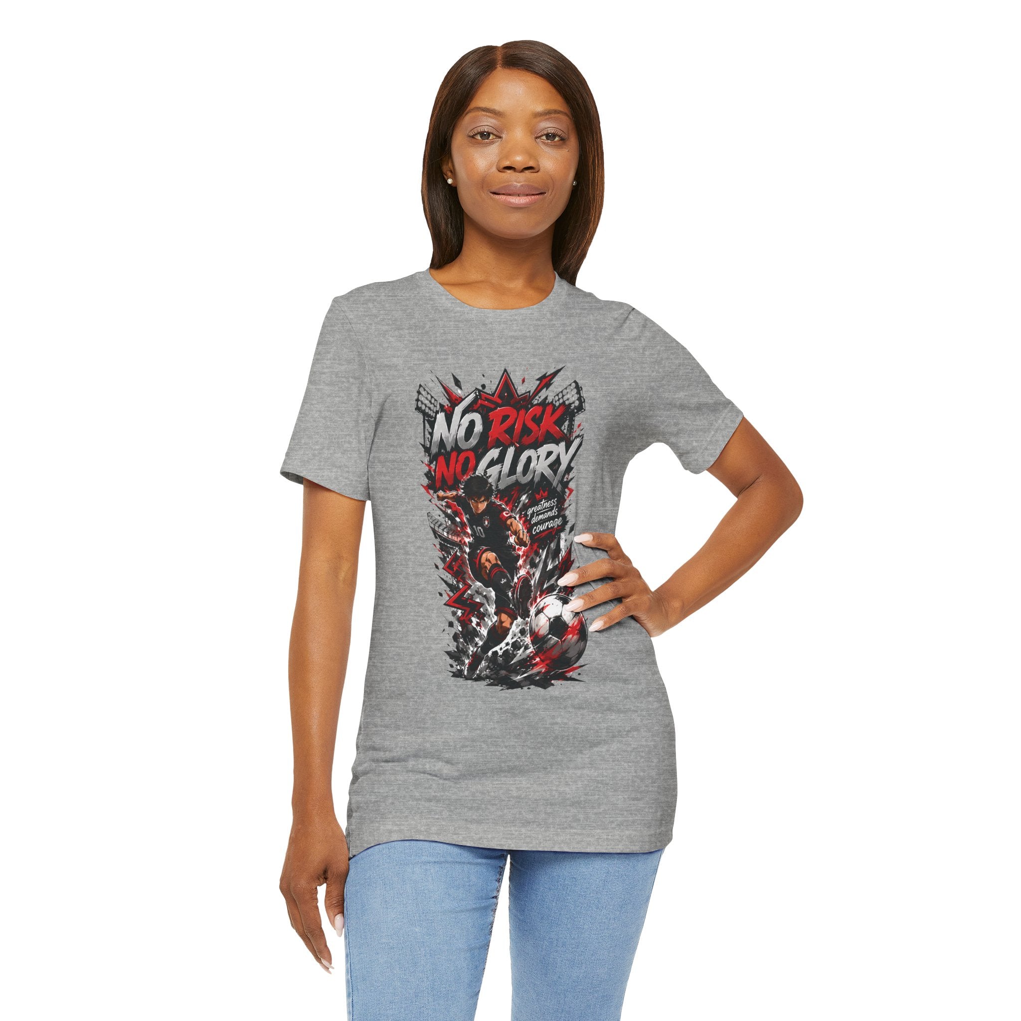 No Risk No Glory Soccer T-Shirt — Dynamic Football Player Graphic Tee