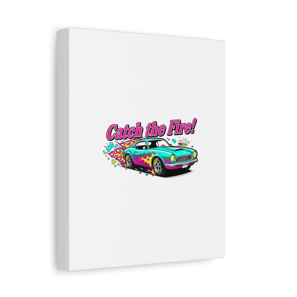 Catch the Fire Retro Car Canvas | Cartoon Racing Flame, Vintage Car Illustration