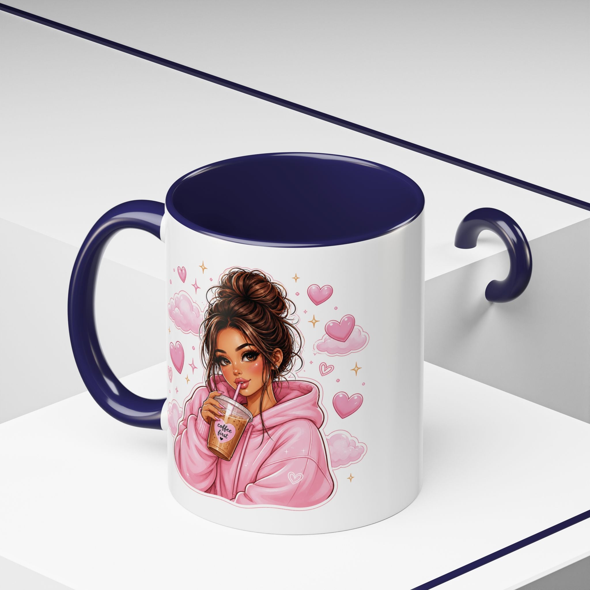 Cute Girl Pink Hoodie Coffee Mug — Iced Coffee Aesthetic Accent Mug (11/15oz)