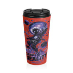Galaxy Skateboarder Stainless Steel Travel Mug — 'You Recreate Reality' Cosmic Skate Design (Magic Pink)