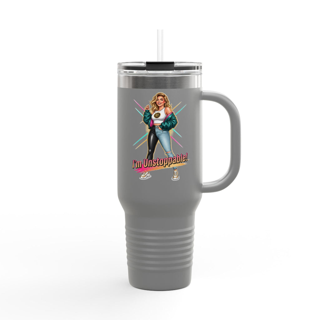 40oz Insulated Travel Mug — “I’m Unstoppable” Retro Fitness Graphic